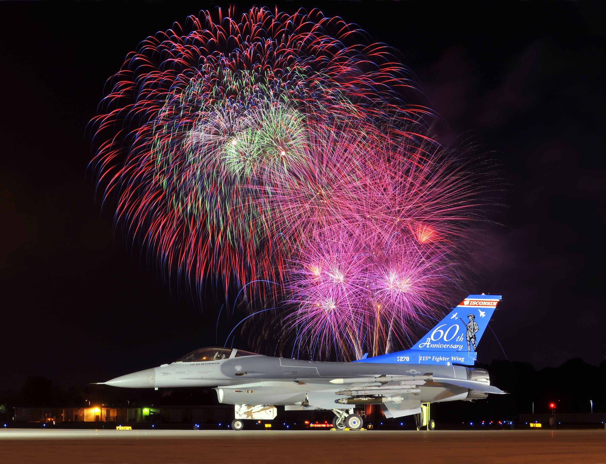 An F-16 Fighting Falcon aircraft from the 115th Fighter Wing, Wisconsin Air National Guard sits on the runway in Madison, Wis., June 28, 2008, during an Independence Day celebration and fireworks display. (DoD photo by Joe Oliva, U.S. Air Force)(Released)