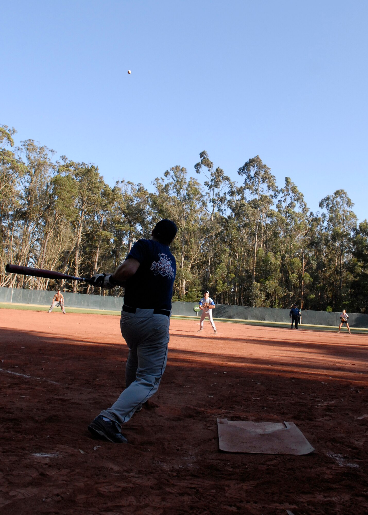VANDENBERG AIR FORCE BASE, Calif. --  The 30th Force Support Squadron and the 30th Launch Group square off in their intramural softball game June 30 here. The 30th LCG rocketed past the force support 17-9. (U.S. Air Force photo/Airman 1st Class Andrew Satran)
