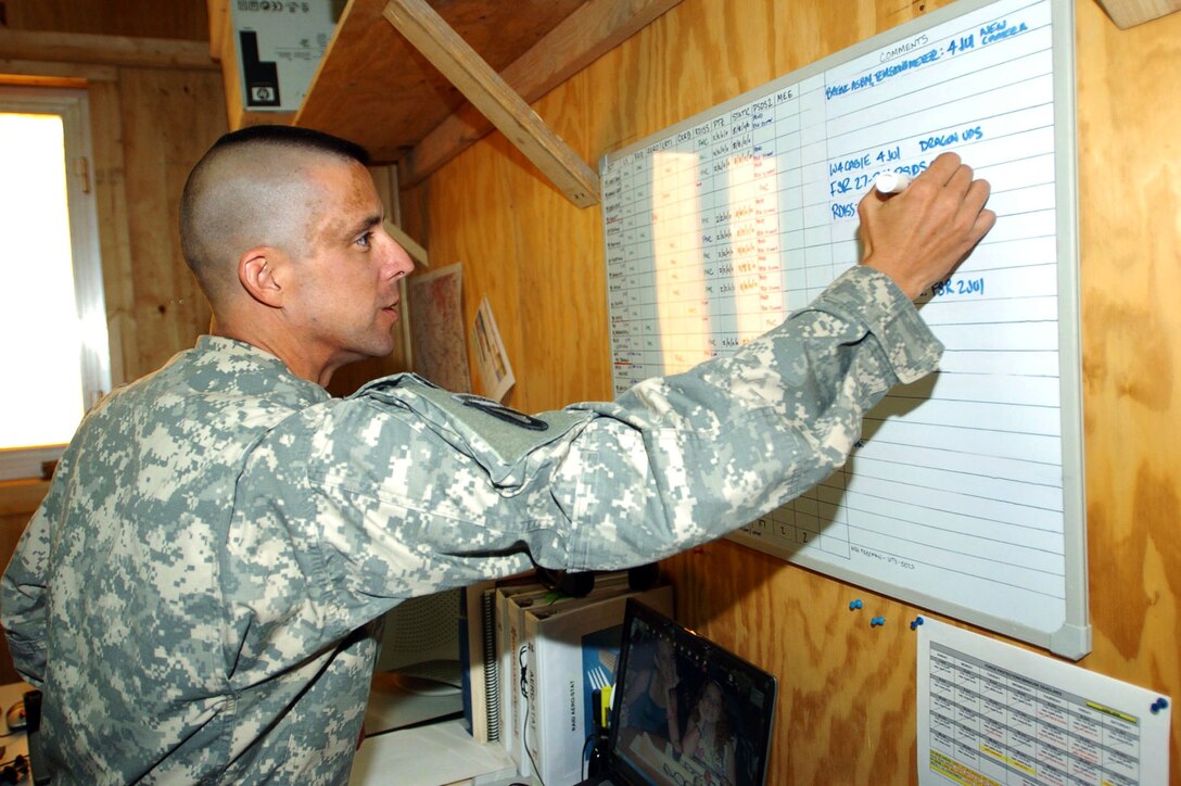 Army Staff Sgt. Craig Bedard, force protection noncommissioned officer in charge for the 101st Airborne Division’s 3rd Brigade Combat Team, writes down information for surveillance system maintenance in his office at Camp Striker, Iraq, June 25, 2008. U.S. Army photo by Pvt. Christopher McKenna, 3rd Brigade Combat Team, 101st Airborne Division