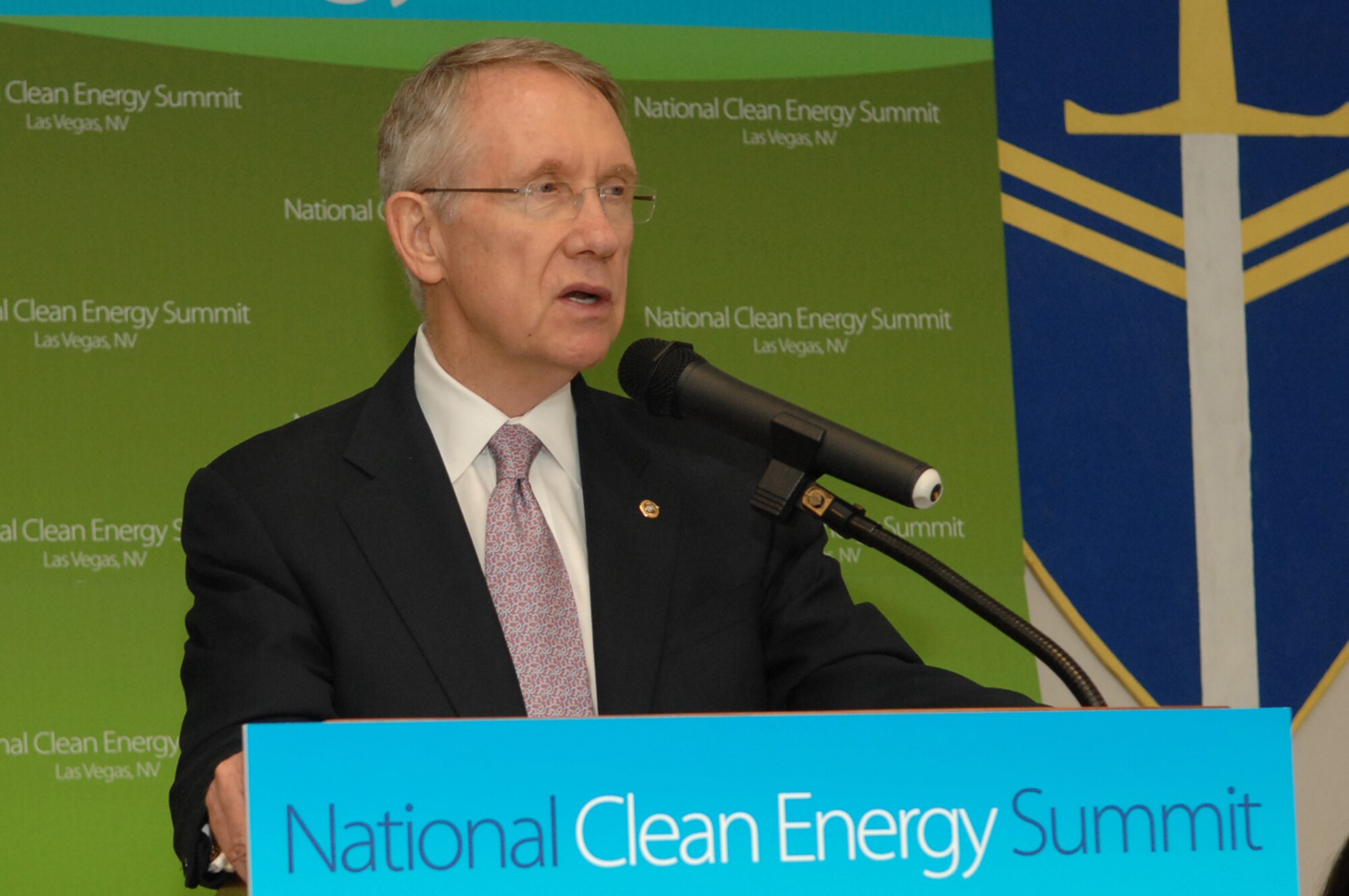 Sen. Harry Reid, U.S. Senate majority leader, announces the upcoming National Clean Energy Summit at a press conference at the Armed Forces Reserve Center on Nellis Air Force Base, Nev.,  July  1, 2008.  The summit, to be held at the University of Nevada Las Vegas on August 19, 2008, is intended to foster the growth and development of the use of renewable energy sources in Nevada and across the country.  (U.S. Air Force photo / Senior Airman Kasabyan D. Musal, RELEASED)