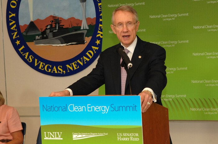 Sen. Harry Reid, U.S. Senate majority leader, announces the upcoming National Clean Energy Summit at a press conference at the Armed Forces Reserve Center on Nellis Air Force Base, Nev.,  July  1, 2008.  The summit, to be held at the University of Nevada Las Vegas on August 19, 2008, is intended to foster the growth and development of the use of renewable energy sources in Nevada and across the country.  (U.S. Air Force photo / Senior Airman Kasabyan D. Musal, RELEASED)