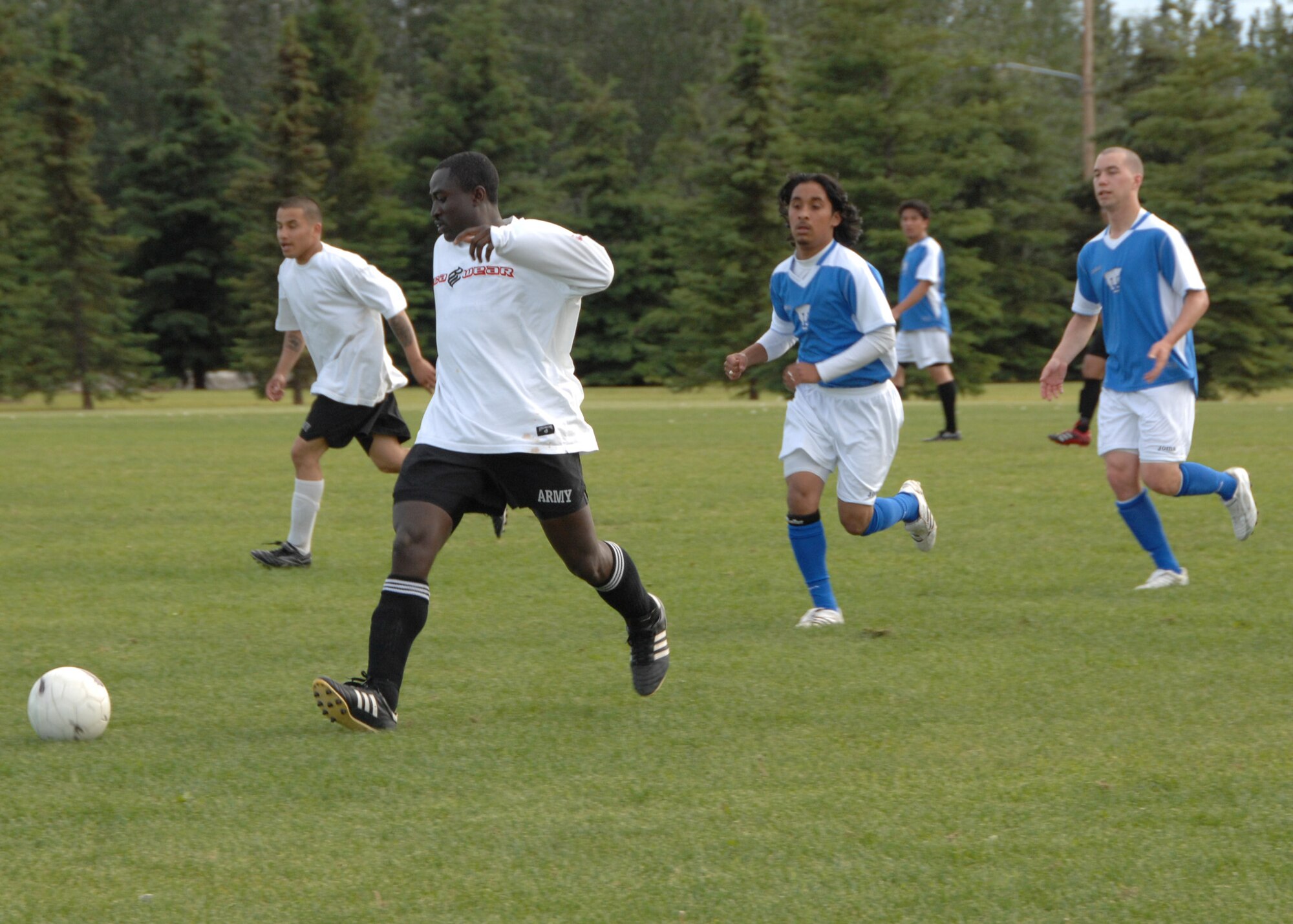 The Eielson Air Force Base Soccer Team challenges the Fort Wainwright Soccer Team to a soccer match at Fort Wainwright on June 28, 2008.  The Army went on to win the game 4-3.  (U.S. Air Force photo/Staff Sgt. Tia Schroeder)