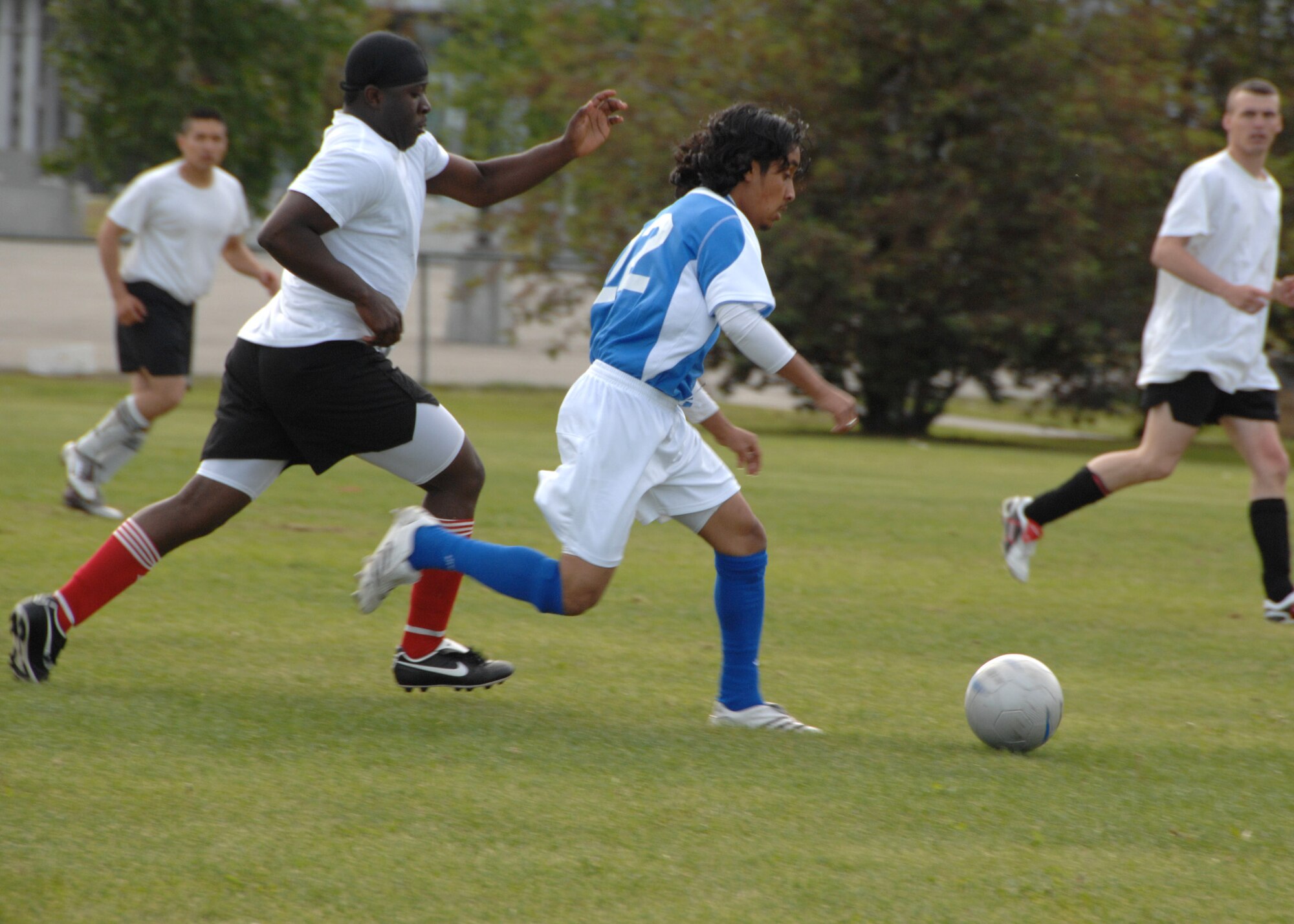 The Eielson Air Force Base Soccer Team challenges the Fort Wainwright Soccer Team to a soccer match at Fort Wainwright on June 28, 2008.  The Army went on to win the game 4-3.  (U.S. Air Force photo/Staff Sgt. Tia Schroeder)