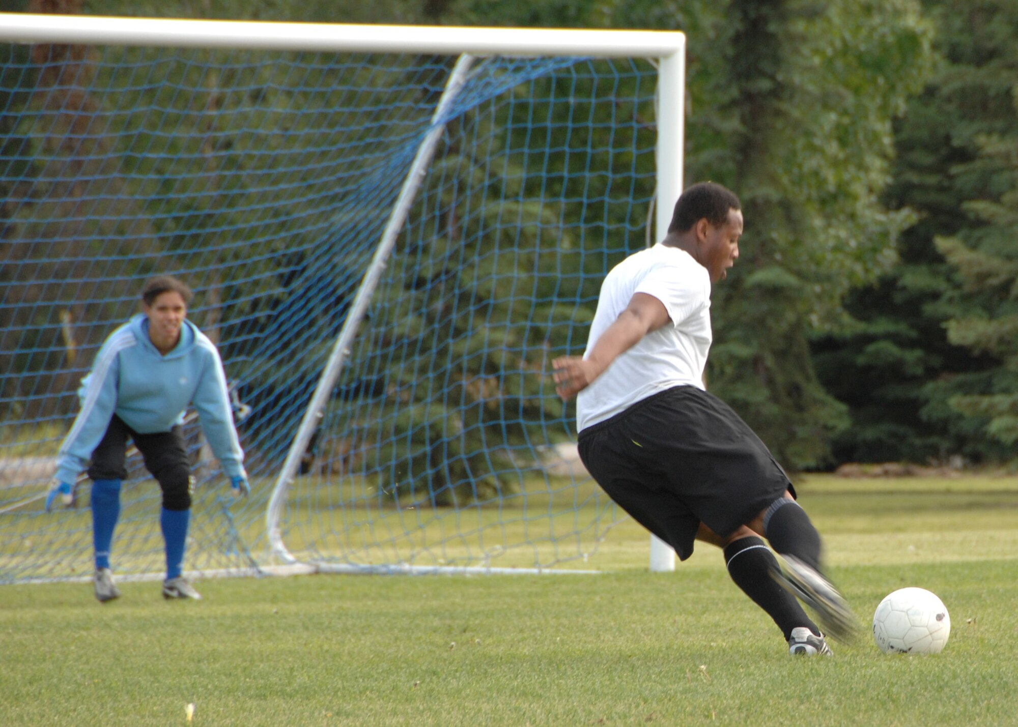 The Eielson Air Force Base Soccer Team challenges the Fort Wainwright Soccer Team to a soccer match at Fort Wainwright on June 28, 2008.  The Army went on to win the game 4-3.  (U.S. Air Force photo/Staff Sgt. Tia Schroeder)
