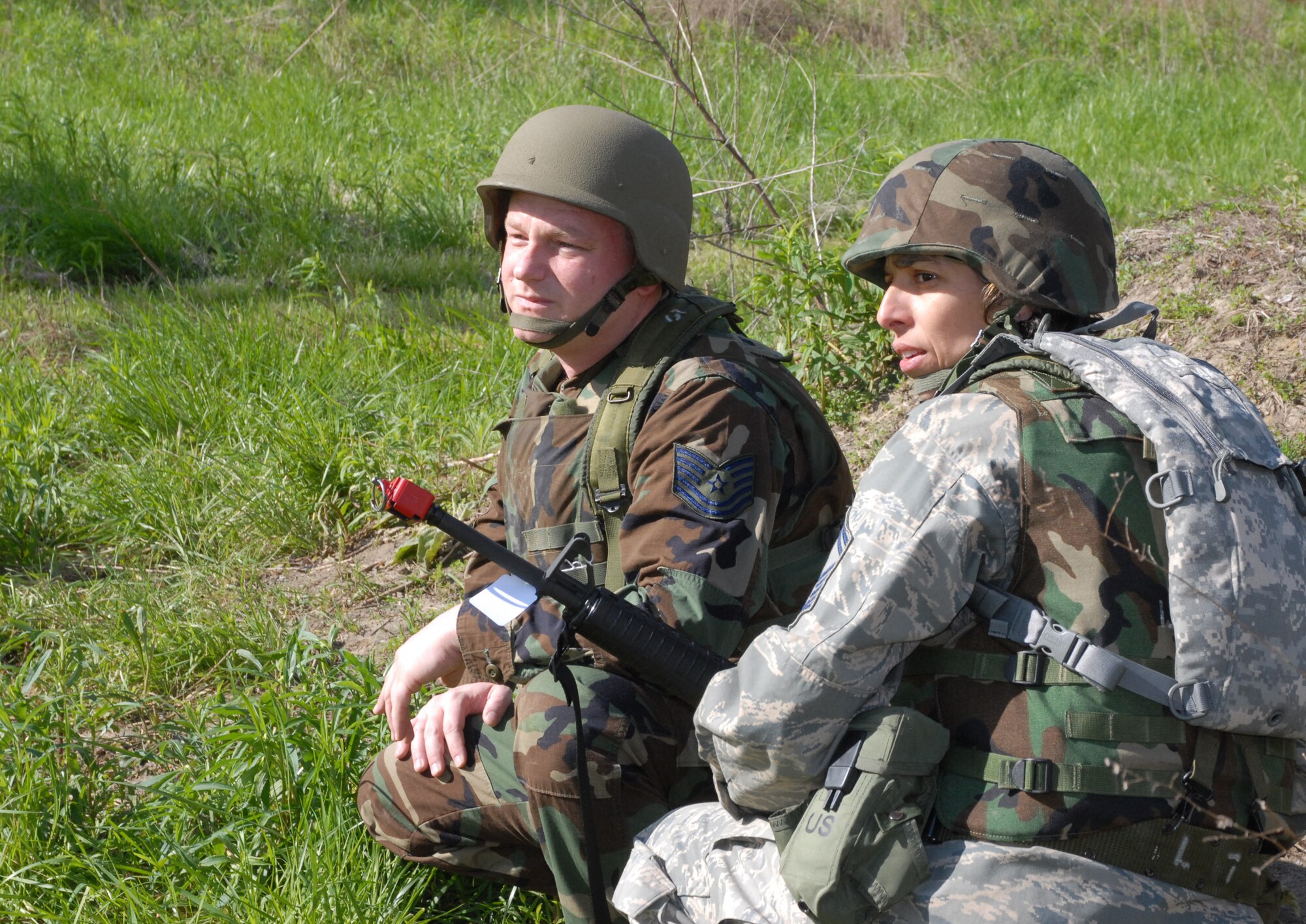 Members of the 932nd Airlift Wing, including the new Command Chief Master Sgt. Sandra Santos (right),  went through Air Base Ground Defense classes in preparation for an overseas deployment. The training is designed to prepare Airmen to defend a base against intruders, as well as methods for approaching suspicious individuals.  Photo/Maj. Stan Paregien