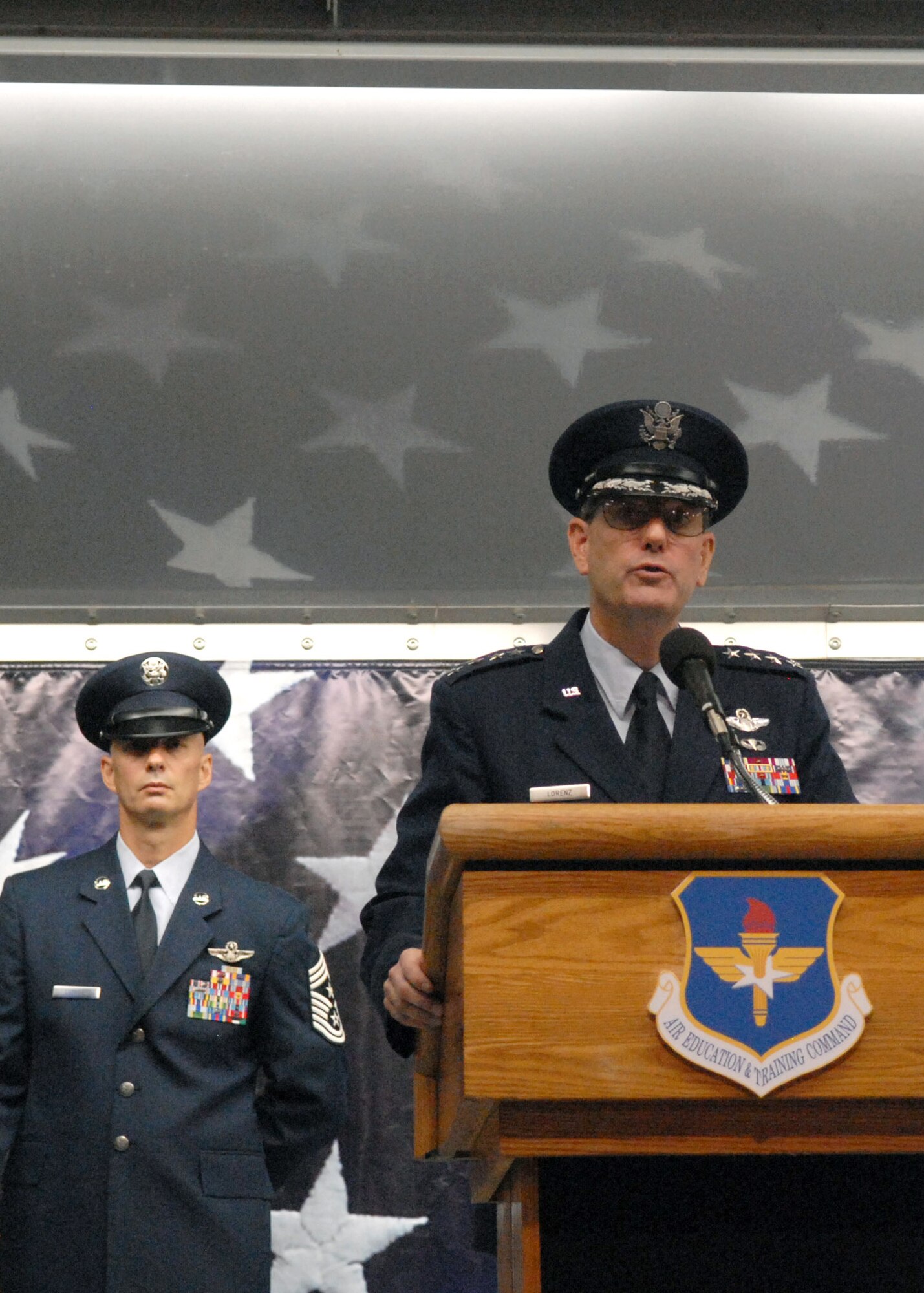 Gen. Stephen R. Lorenz addresses the crowd after assuming command of Air Education and Training Command July 2 at Randolph Air Force Base, Texas. He replaced Gen. William R. Looney III, who retired during the ceremony. (U.S. Air Force photo/Rich McFadden) 