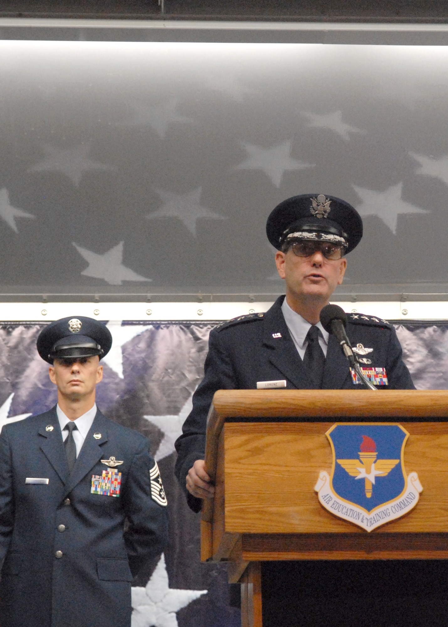 General Stephen Lorenz assumed command of Air Education and Training Command today in a ceremony at Randolph Air Force Base, Texas.  He replaces Gen. William R. Looney III, who retired during the ceremony. (U.S. Air Force photo/Rich McFadden)