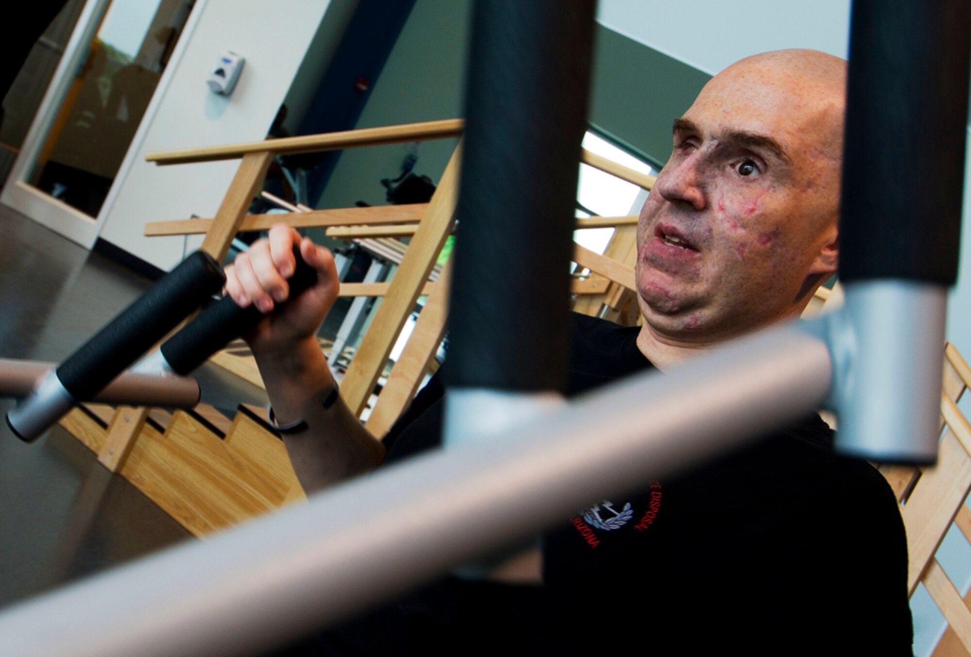 Slaydon has been determined in his recovery efforts, as shown here in physical therapy at the Center for the Intrepid at Brooke Army Medical Center in San Antonio. (photo by Tech. Sgt. Matthew Hannen)