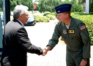 Col. John "Red" Millander greets Jean-Robert Cazarre at the wing headquarters building July 1 as part of a European Organization for the Safety of Air Navigation visit. The purpose of Mr. Cazarre's visit was to observe how the Charleston community integrates its military and civilian airport and airfield management operations to benefit both operations. Colonel Millander is the 437th Airlift Wing commander and Mr. Cazarre is the director for the directorate of Civil and Military Air Traffic Management for EUROCONTROL. (U.S. Air Force photo/Airman 1st Class Timothy Taylor)
