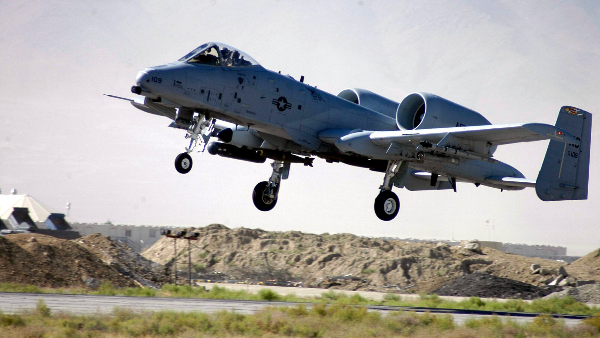 An A-10 Thunderbolt II takes off from Bagram Airfield, Afghanistan. A-10s provide close-air support and airborne forward air control. (U.S. Air Force photo/Maj. David Kurle) 
