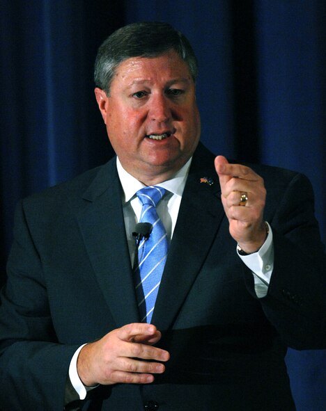 Acting Secretary of the Air Force Michael B. Donley held a town-hall style meeting with members of the Air Force Space Command July 1 at Peterson Air Force Base, Colo. In his first visit to an Air Force base, he outlined three perspectives for the audience: jointness, support to the war on terror and the welfare of Airmen. He candidly addressed the challenges facing the Air Force, in particular the nuclear enterprise issue. (U.S. Air Force photo/Duncan Wood)