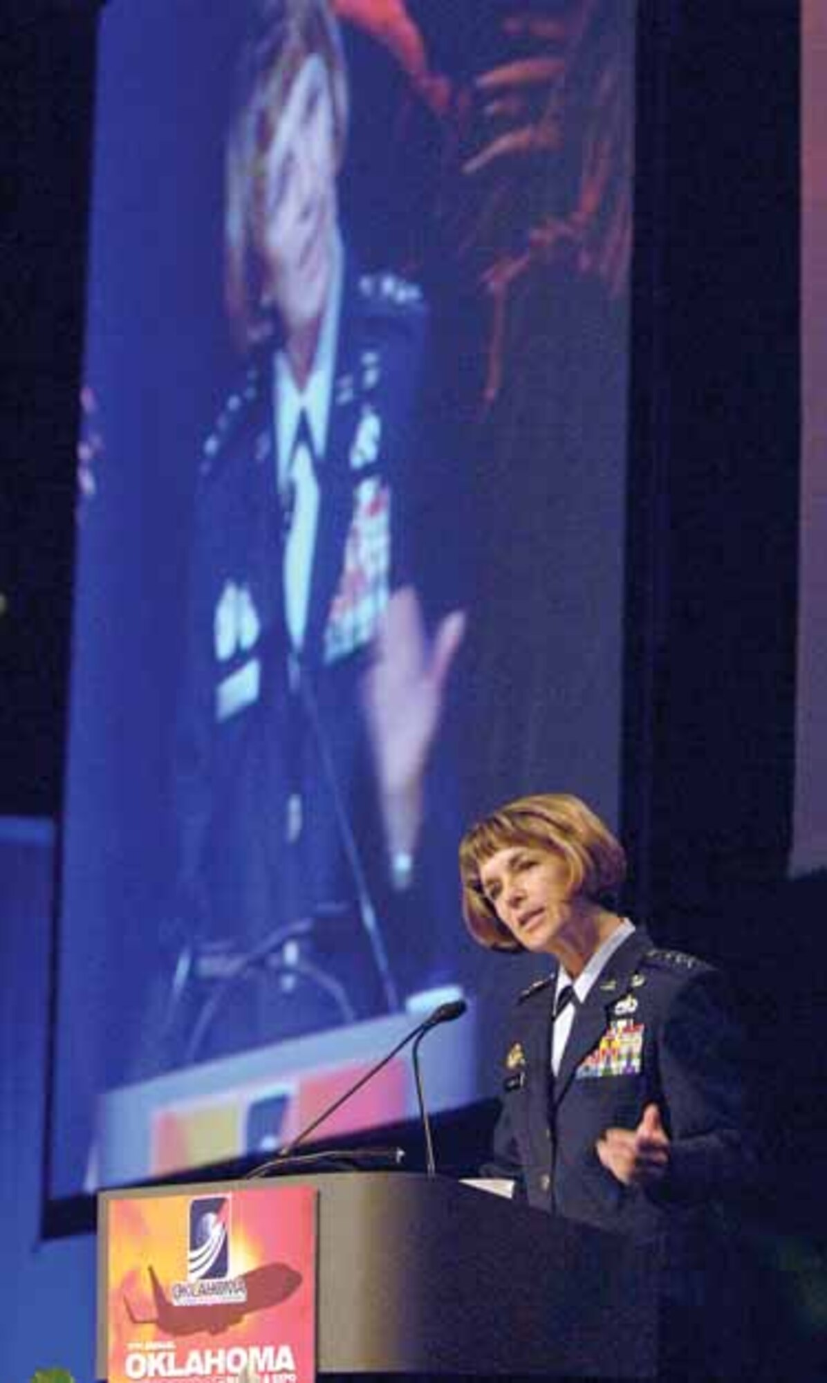 Lt. Gen. Terry L. Gabreski speaks during the seventh annual Oklahoma Aerospace Summit and Expo June 23 in Oklahoma City. Co-hosted by Tinker Air Force Base, Okla., the event drew industry and government aviation entities from across the country and attendees from around the world. General Gabreski is the vice commander of Air Force Materiel Command. (U.S. Air Force photo/Margo Wright) 
