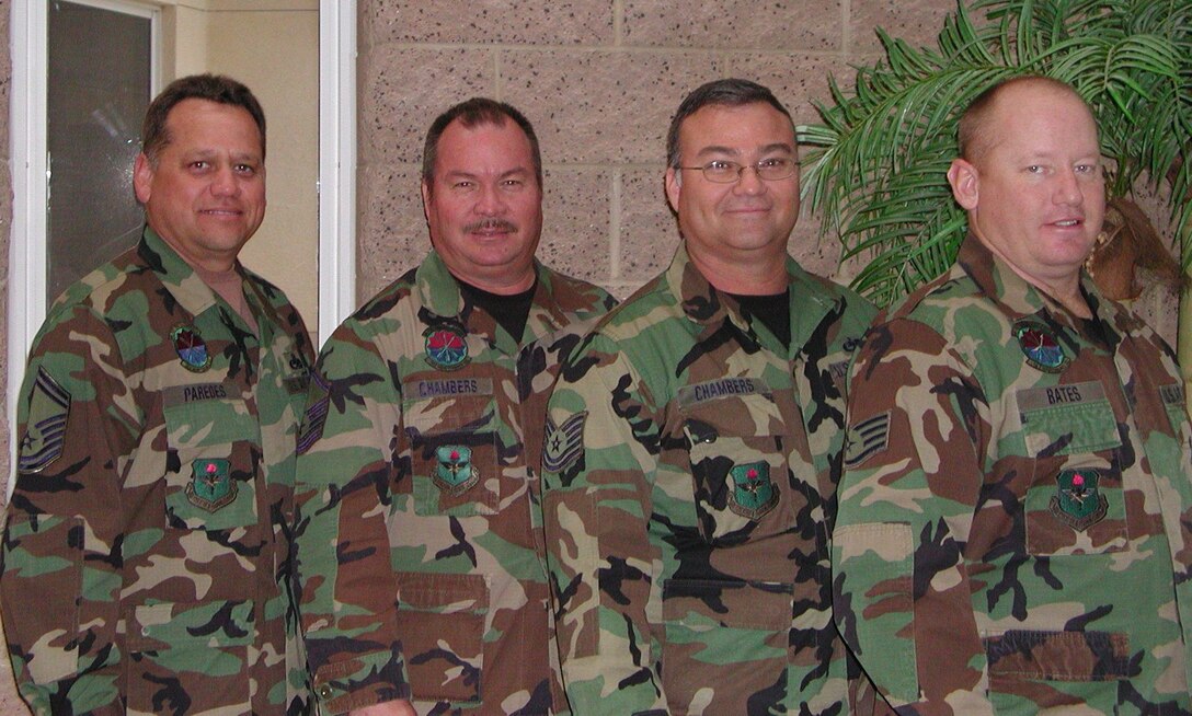 The Chambers brothers and their in-laws... Senior Master Sgt. Franklin Paredes, Master Sgt. Mark Chambers, Tech. Sgt. Albert Chambers and Staff Sgt. Donald Bates. (Air National Guard photo by Staff Sgt. Ashley Karas)