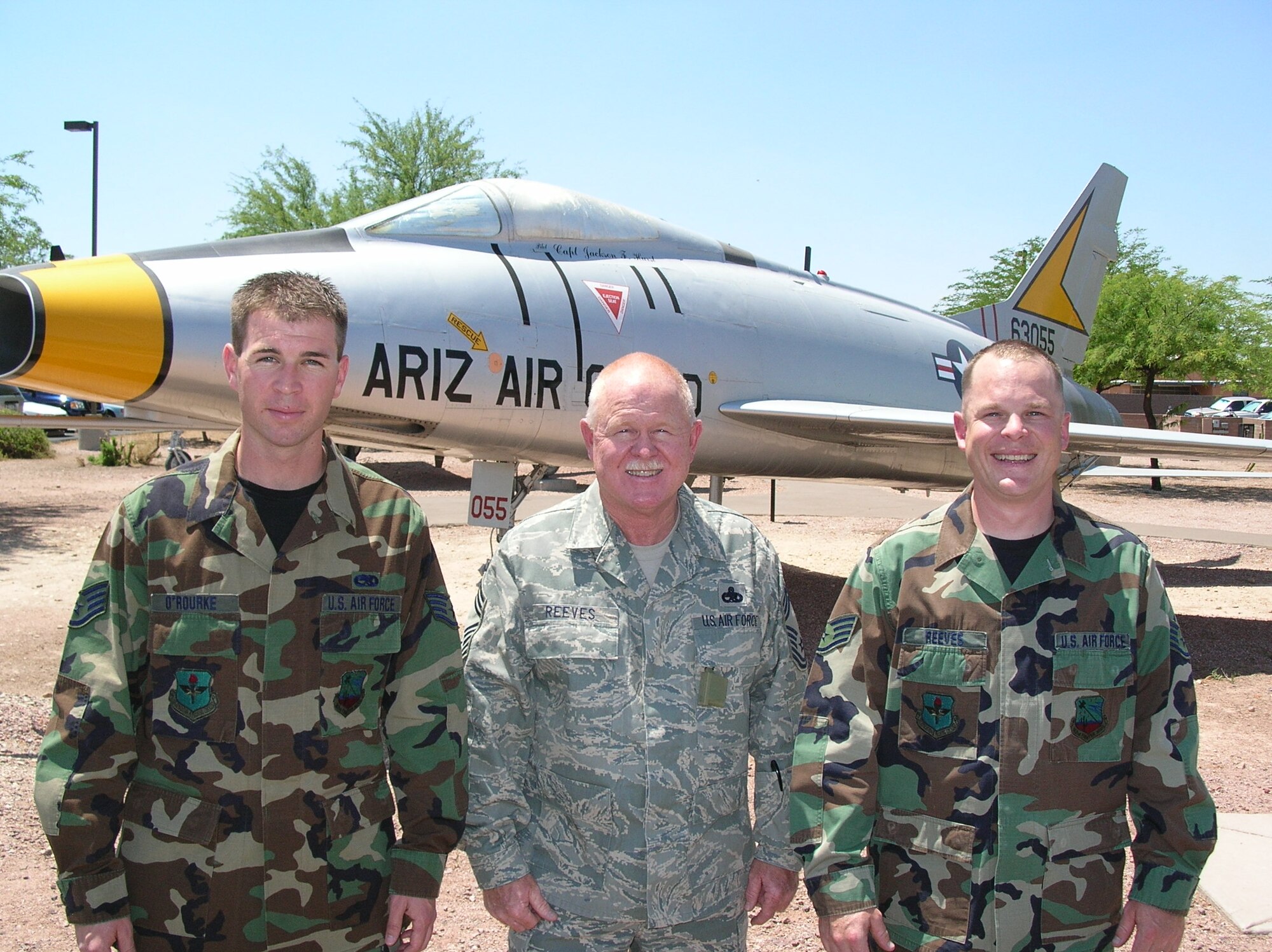 Staff Sgt. Patrick O’Rourke, Chief Master Sergeant Charles Reeves and Staff Sgt. Matthew Reeves. Patrick is the chief’s son-in-law and Matthew is his son. (Air National Guard photo by Staff Sgt. Ashley Karas)