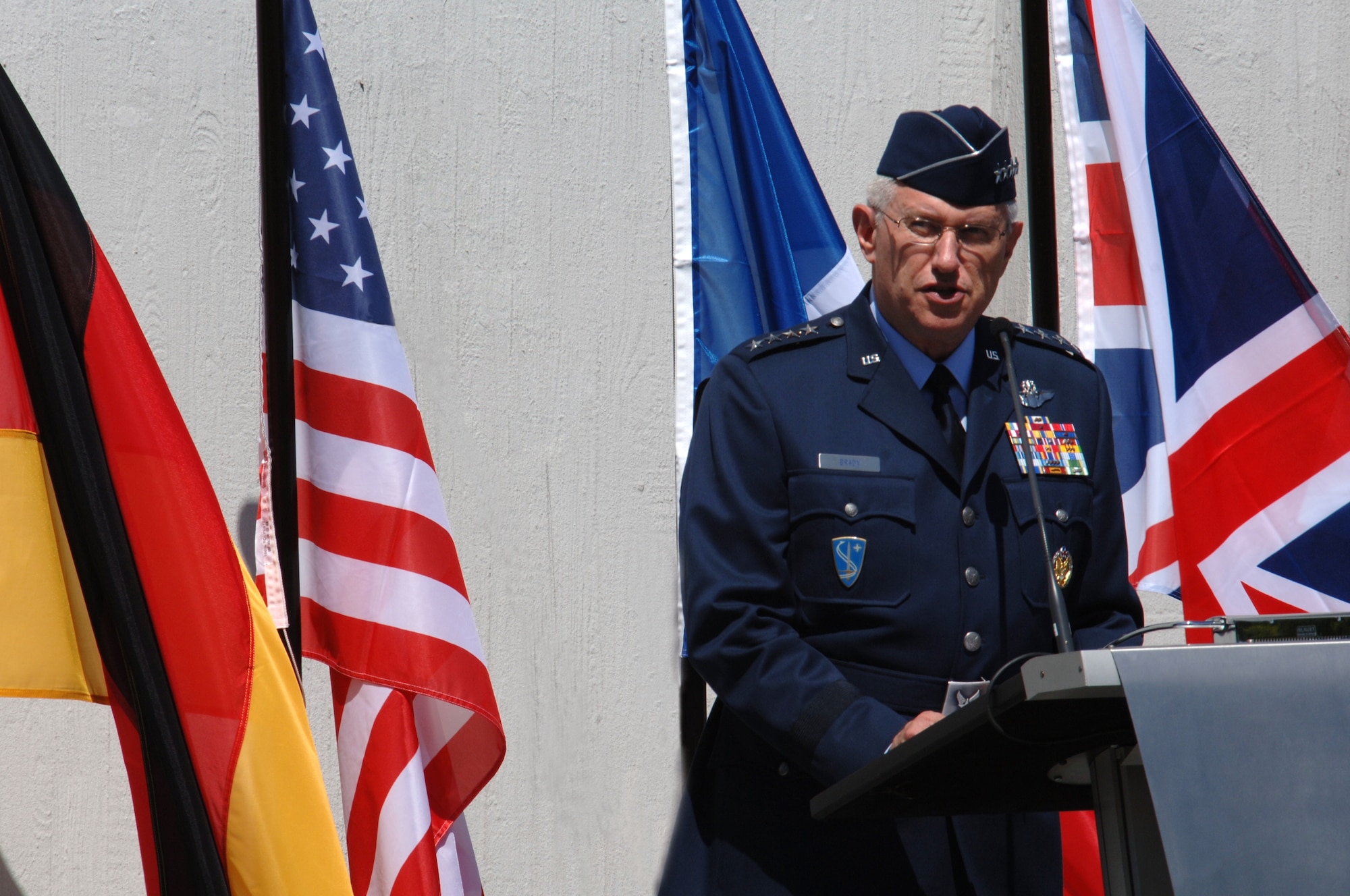 U.S. Air Force Gen. Roger Brady, commander, U.S. Air Forces in Europe, speaks about heritage at the Berlin Airlift Memorial, Frankfurt Airport, Germany, June 26, 2008. General Brady was a guest speaker at the 60th Anniversary Commemoration of the Berlin Airlift. (U.S. Air Force photo by Airman 1st Class Tony R. Ritter)(Released)