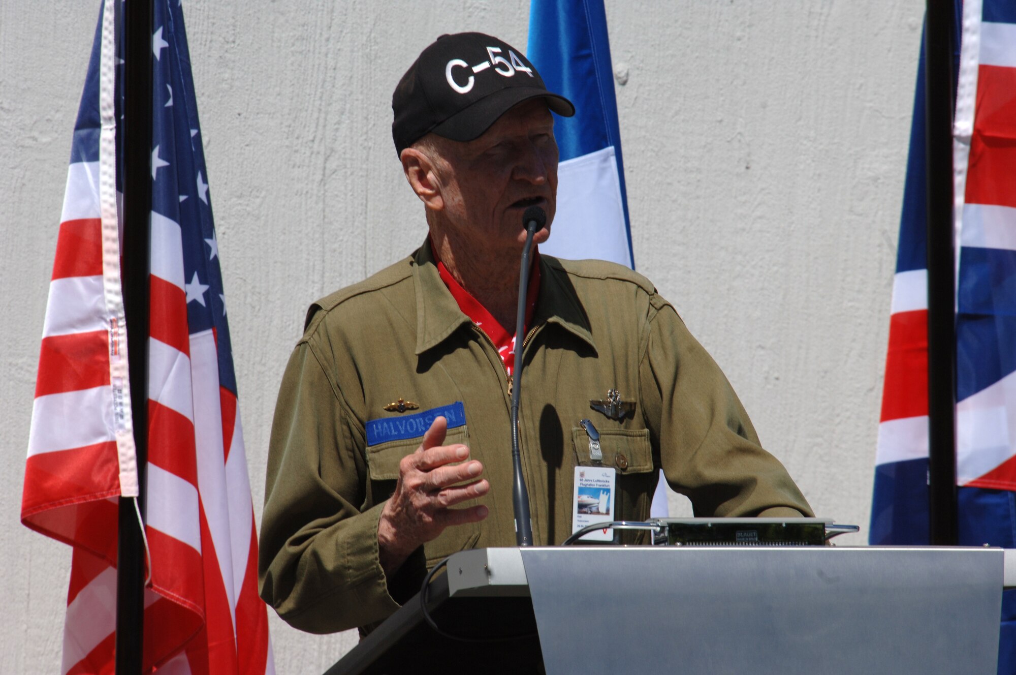 Colonel Gail Halverson, retired, recounts some of the highlights of the 15 month Berlin Airlift mission during the 60th Anniversary Memorial, Frankfurt Airport, Germany, June 26, 2008. Mr. Halverson was a C-54 Skymaster pilot supporting the Berlin Airlift mission with daily food and supply drops. (U.S. Air Force photo by Airman 1st Class Tony R. Ritter) (Released)