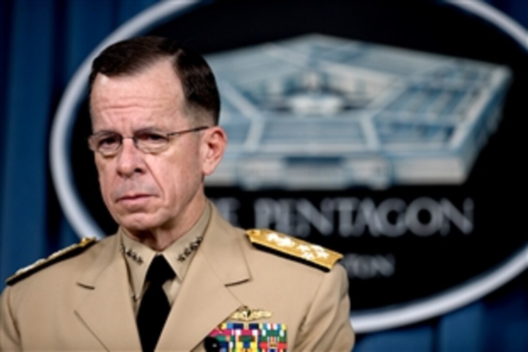 U.S. Navy Adm. Mike Mullen, chairman of the Joint Chiefs of Staff, addresses the media during a press availability at the Pentagon, July 2, 2008. 