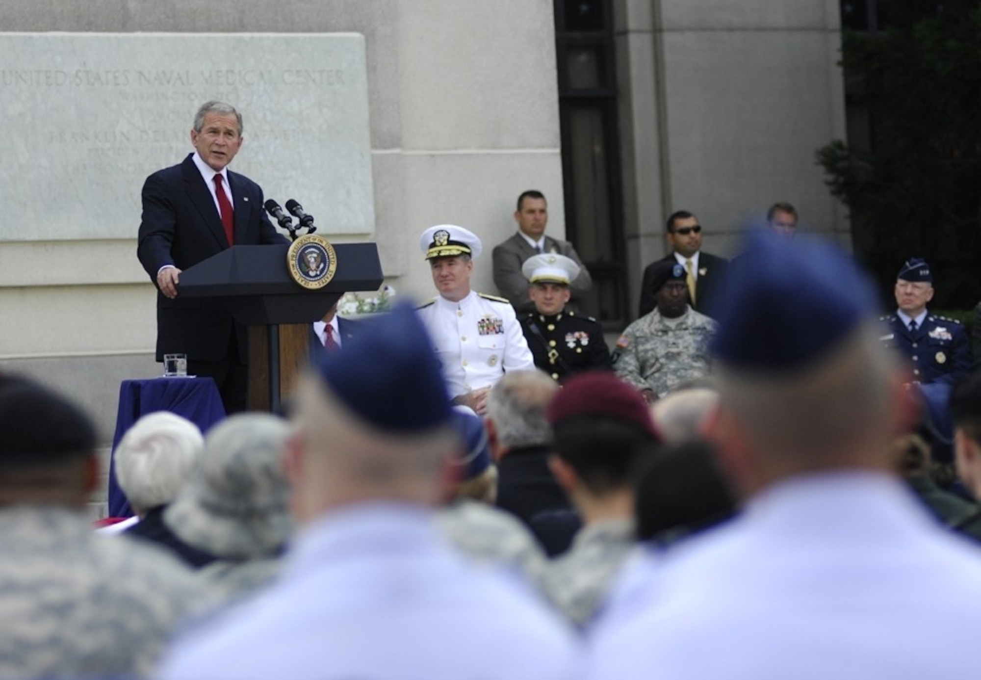 President George W. Bush addresses the crowd at the Walter Reed National Military Medical Center groundbreaking ceremony at Bethesda Naval Hospital in Maryland, July 3. (U.S. Air Force photo/Tech. Sgt. Suzanne M. Day)