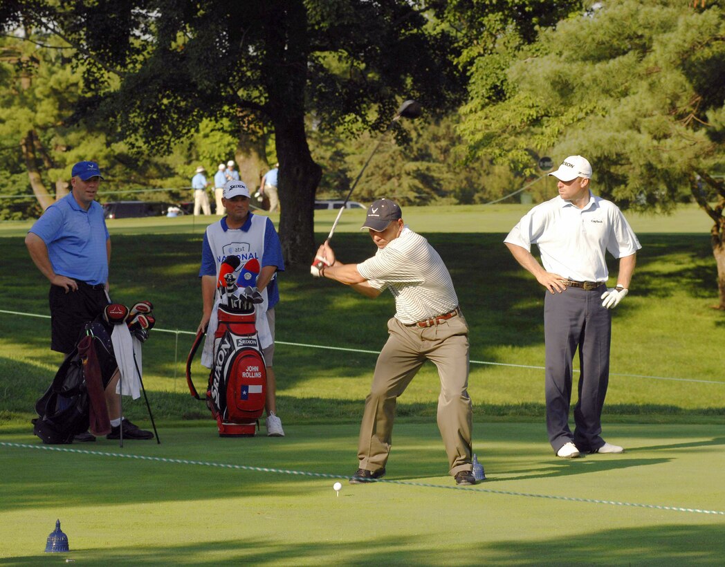 Senior Master Sgt. Kirk Kessler tees off during the 2nd Annual AT&T National Golf Tournament July 2 at the Congressional Country Club in Bethesda, Md. The Tiger Woods Foundation selected Sergeant Kessler to play in the tournament. Sergeant Kessler is assigned to the 316th Civil Engineer Squadron from Andrews Air Force Base, Md. (U.S. Air Force photo/Senior Airman Steven R. Doty) 
