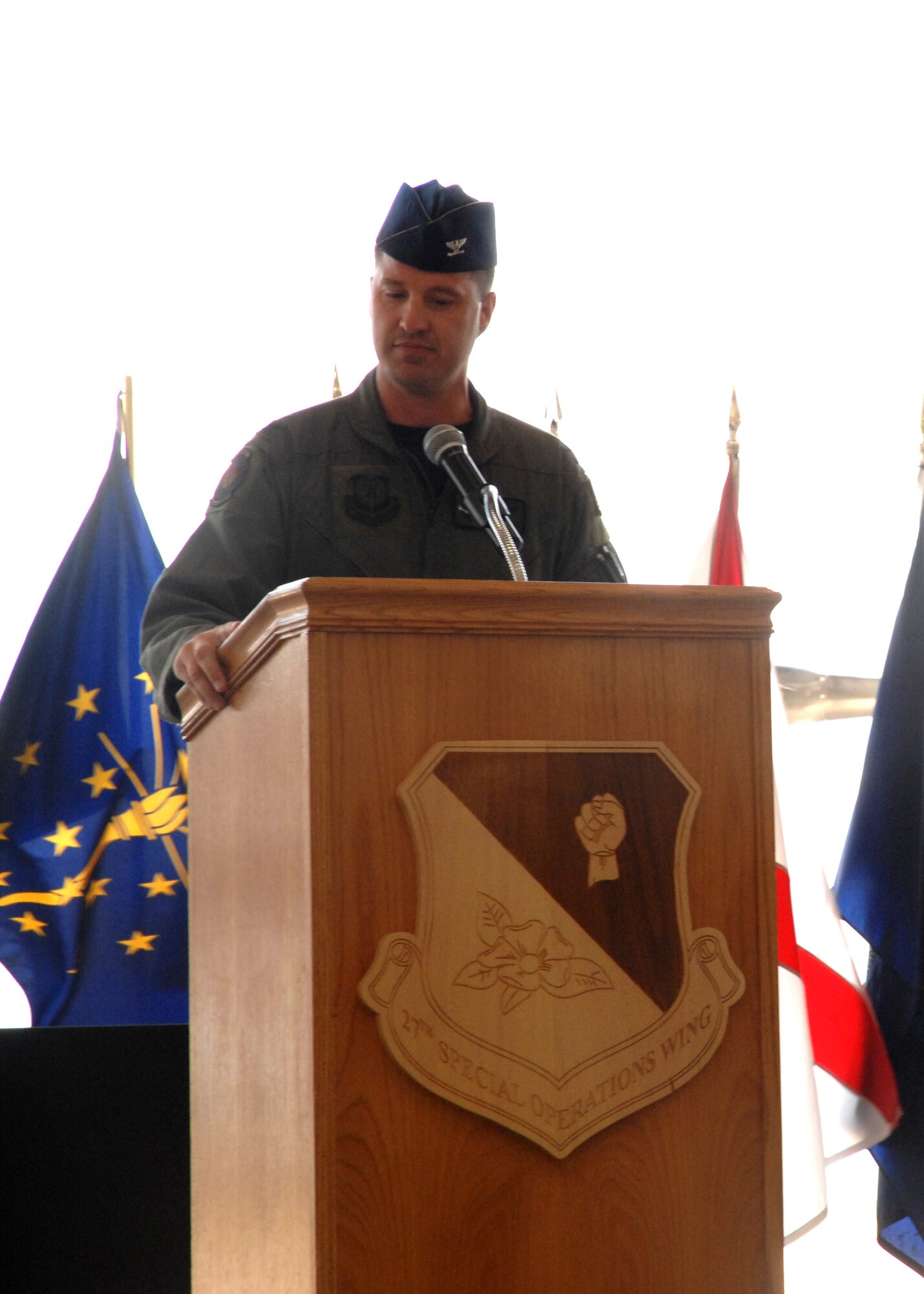 CANNON AIR FORCE BASE, N.M. -- Col. James Cardosa, 27th Special Operations Group commander, makes a speech during the 27th SOG change-of-command ceremony July 1. Col. Michal Plehn relinquished command of the 27th SOG. (U.S. Air Force photo/Airman 1st Class Evelyn Chavez) 