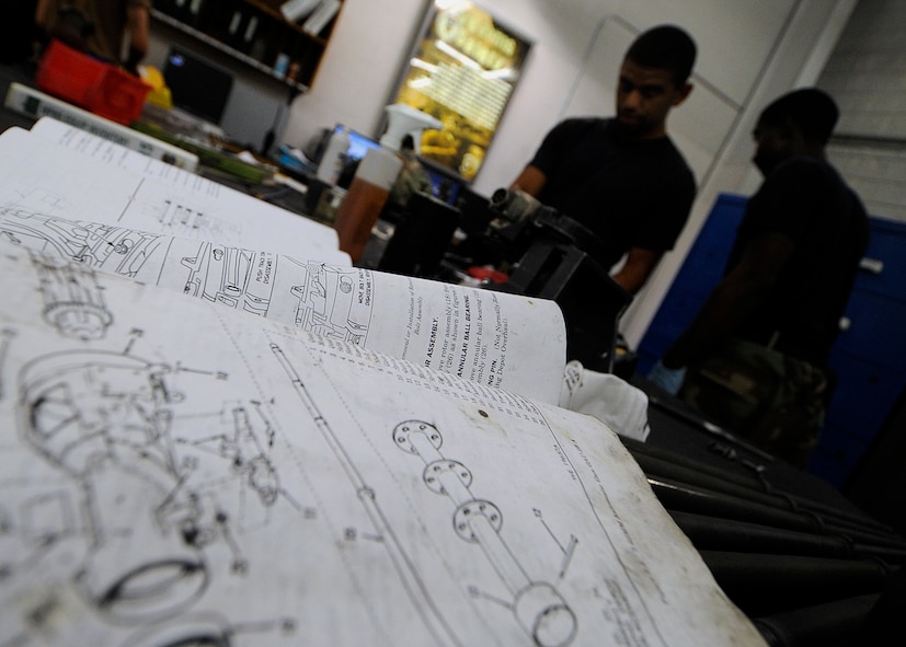 MOODY AIR FORCE BASE, Ga. -- Staff Sgt. Isaiah Hill and Airman 1st Class Kevin Dalton, 723rd Aircraft Maintenance Squadron armament flight technicians, perform a minigun after-firing inspection while using a technical order here July 1. Technical orders are mandatory instructions used to accomplish all maintenance tasks. (U.S. Air Force photo by Airman 1st Class Brittany Barker)