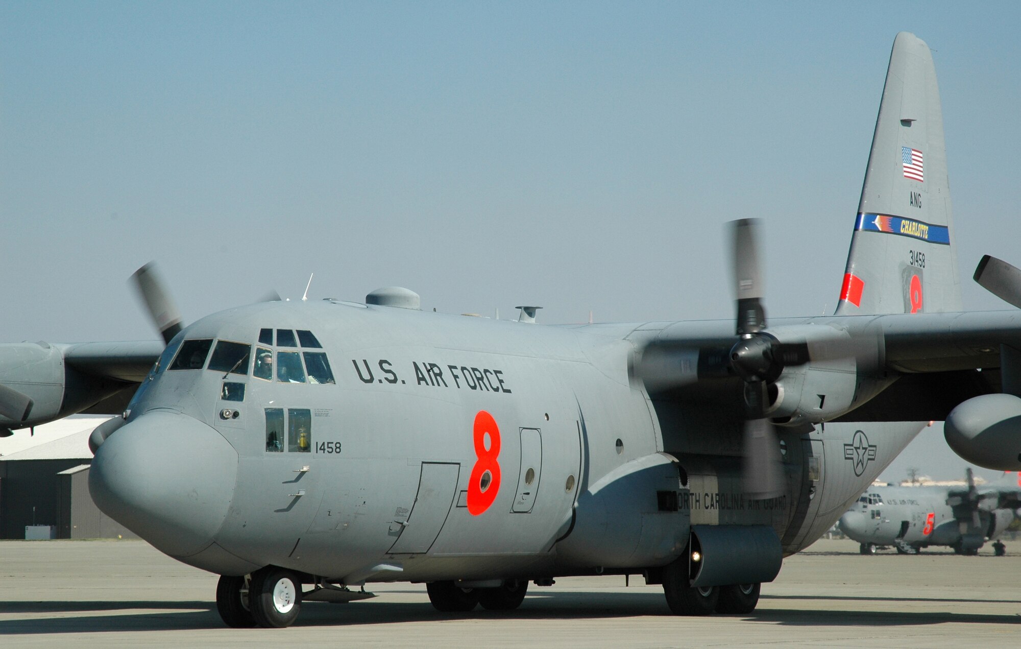 SACRAMENTO, Calif.- A C-130H assigned to North Carolina?s Air National Guard 145th Airlift Wing taxies down the ramp July 1 at McClellan Airfield in Sacramento, Calif., after completing a successful mission of dropping fire retardant on the Piute fire burning in California?s Sequoia National Forest. The 302nd Air Expeditionary Group?s C-130 aircraft include aircraft from two Air National Guard units, the 153rd Airlift Wing of Cheyenne, Wyo., and the 145th AW of Charlotte, N.C. and one Air Force Reserve unit, the 302nd AW from Peterson Air Force Base, Colo.  The C-130 aircraft?s deployed location in Sacramento allows the aircraft to fly with maximum fuel loads and operate MAFFS with a nearly full fire retardant capacity, flying support of California Department of Forestry and Fire Protection and U.S. Forest Service operations.  The 302nd AEG provides unique capabilities and is part of a unified military support effort of U.S. Northern Command to provide assistance to the U.S. Forest Service, CAL FIRE, and the National Interagency Fire Center. USNORTHCOM continues to closely monitor the California wildfires to anticipate additional requests for Department of Defense assistance to local, federal, and state civil authorities.  (U.S. Air Force Photo by Staff Sergeant Luke Johnson)