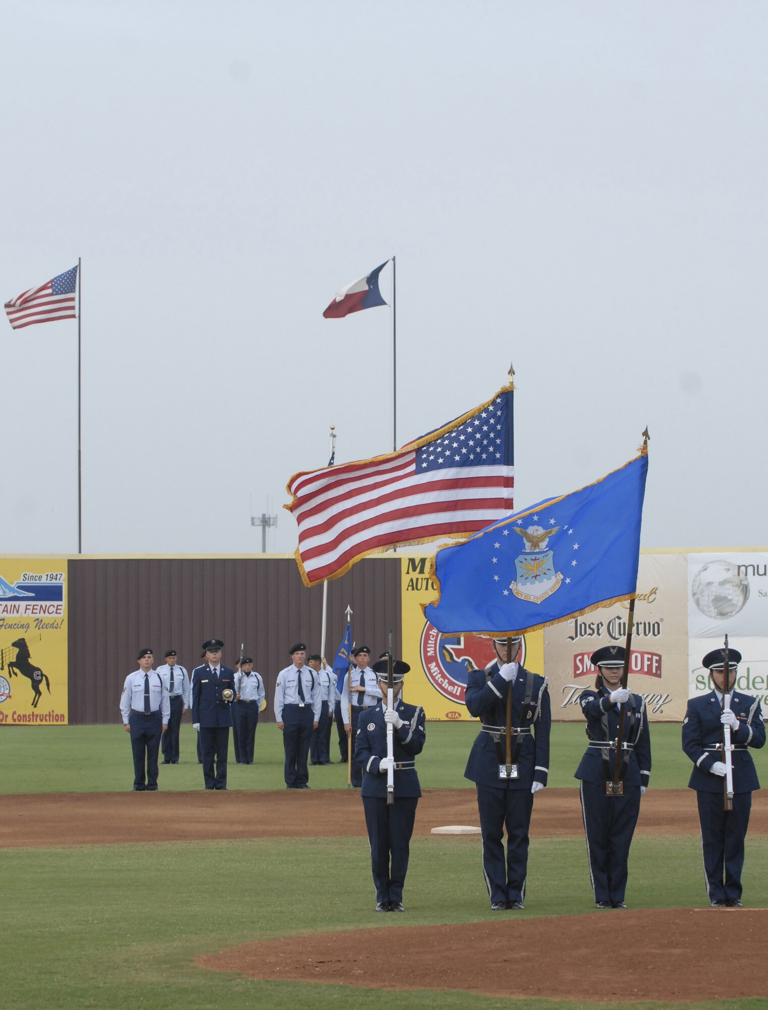 The Goodfellow Base Honor Guard present the colors at the San Angelo Colts baseball game June 30. (U.S. Air Force photo by Master Sgt. Randy Mallard)