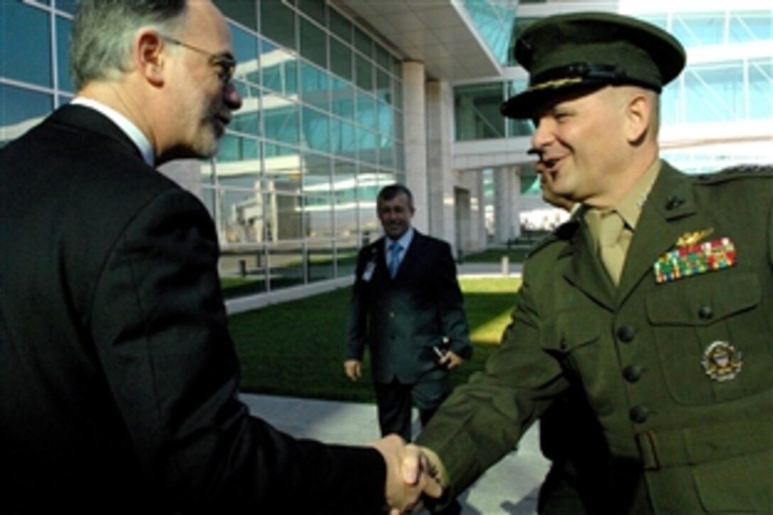 Vice Chairman of the Joint Chiefs of Staff Marine Gen. James E. Cartwright meets with U.S. Ambassador to Turkey Ross Wilson after landing in Ankara, Turkey, July 3, 2008. Cartwright visited Turkey to meet with his counterparts on U.S.-Turkish security matters. 