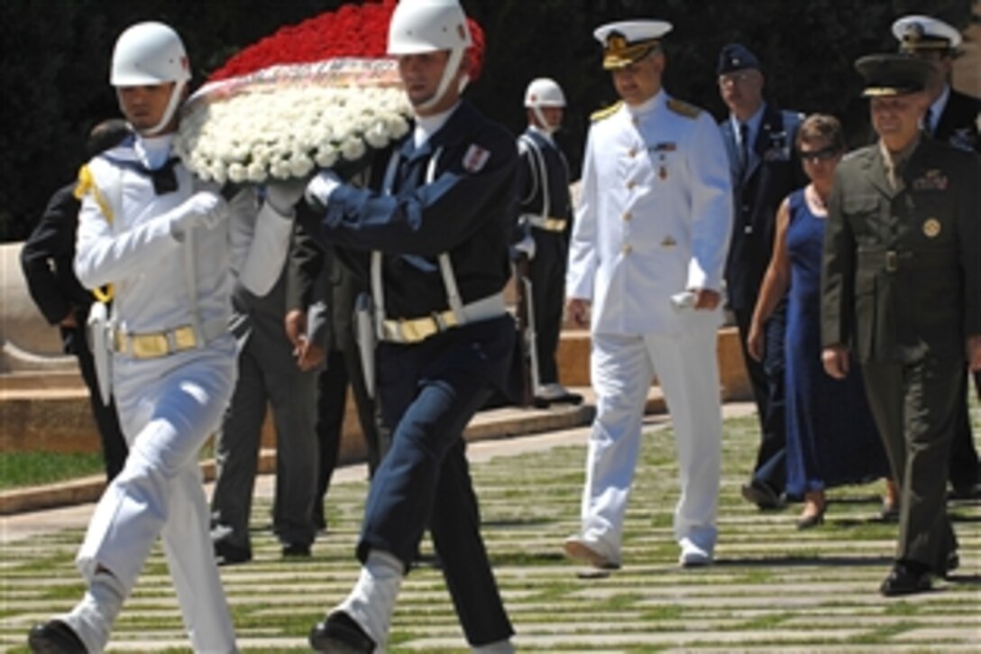 Vice Chairman of the Joint Chiefs of Staff Marine Gen. James E. Cartwright walks behind a procession of Turkish soldiers at the Ataturk Mausoleum in Ankara, Turkey, July 3, 2008. Cartwright paid respects to the country's founder, Kemal Ataturk, by laying a ceremonial wreath at the mausoleum. 