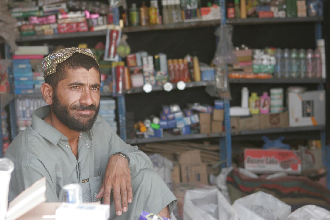 The Garmsir district bazaar recently reopened after years of oppression from insurgents in the region.  Once libereted by the Marines tof the 24th Marine Expeditionary Unit, flocks of peopl flowed back into the area to recalim homes and open up shop.  This once desolate bazaar is now home to almost 70 shops and provides good for more than 600 people daily.