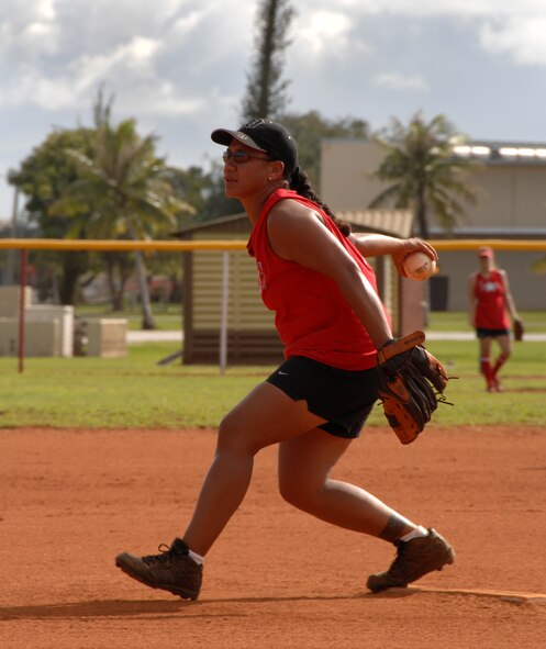 Malosi Passi pitches for the Lady Bombers at this  years Firecracker Classic softball tournament on Andersen, July 4. The Lady Bombers were the host team for this years tournament. (U.S. Air Force photo by Airman 1st Class Courtney Witt) 