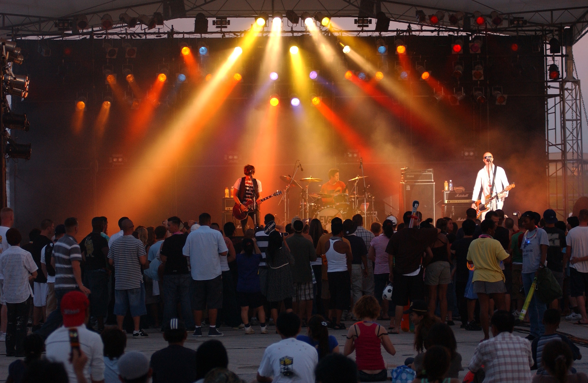 The band, Eve 6, plays live during Kadena Air Base’s AmericaFest open house July 5, 2008. AmericaFest featured two dozen aircraft static displays, live entertainment, activities for children and a nightly fireworks show. The two-day event, which was designed to strengthen relations with the base's Okinawan neighbors, drew nearly 66,000 people.
(U.S. Air Force photo/Tech. Sgt. Rey Ramon) 