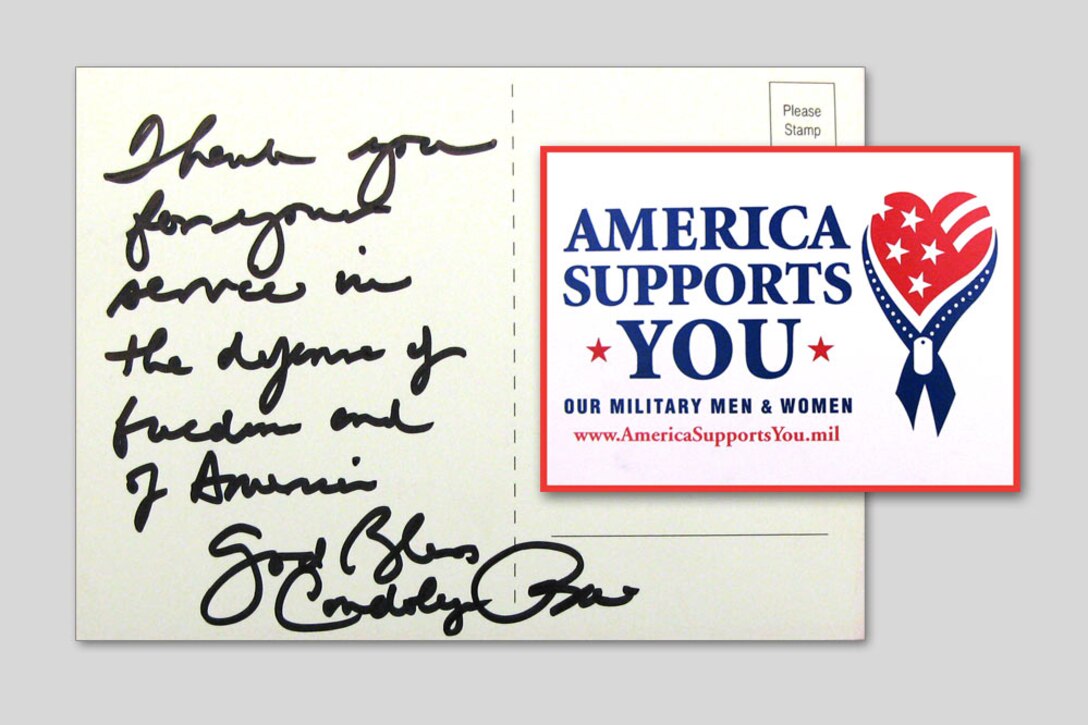 Secretary of State Condoleeza Rice wrote this message to servicemembers while attending the AT&T National PGA Golf Tournament, July 5, 2008, Bethesda, Md. Rice was one of many people who left postcard messages to troops at a kiosk sponsored by "America Supports You," a Defense Department program that highlights citizen support for servicemembers. 
