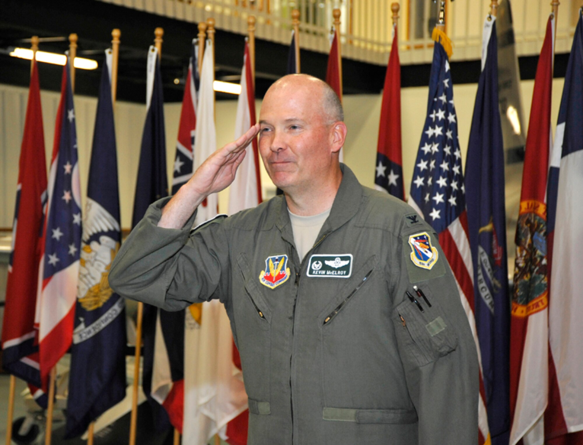 Col. Kevin McElroy salutes after taking command of the 53d Electronic Warfare Group during his assumption of command ceremony July 2 at the Air Armament Center.  Colonel McElroy will be the last 53d EWG commander.  The group will become the 68th Electronic Warfare Group under Air Force Cyber Command in October.  U.S. Air Force photo.