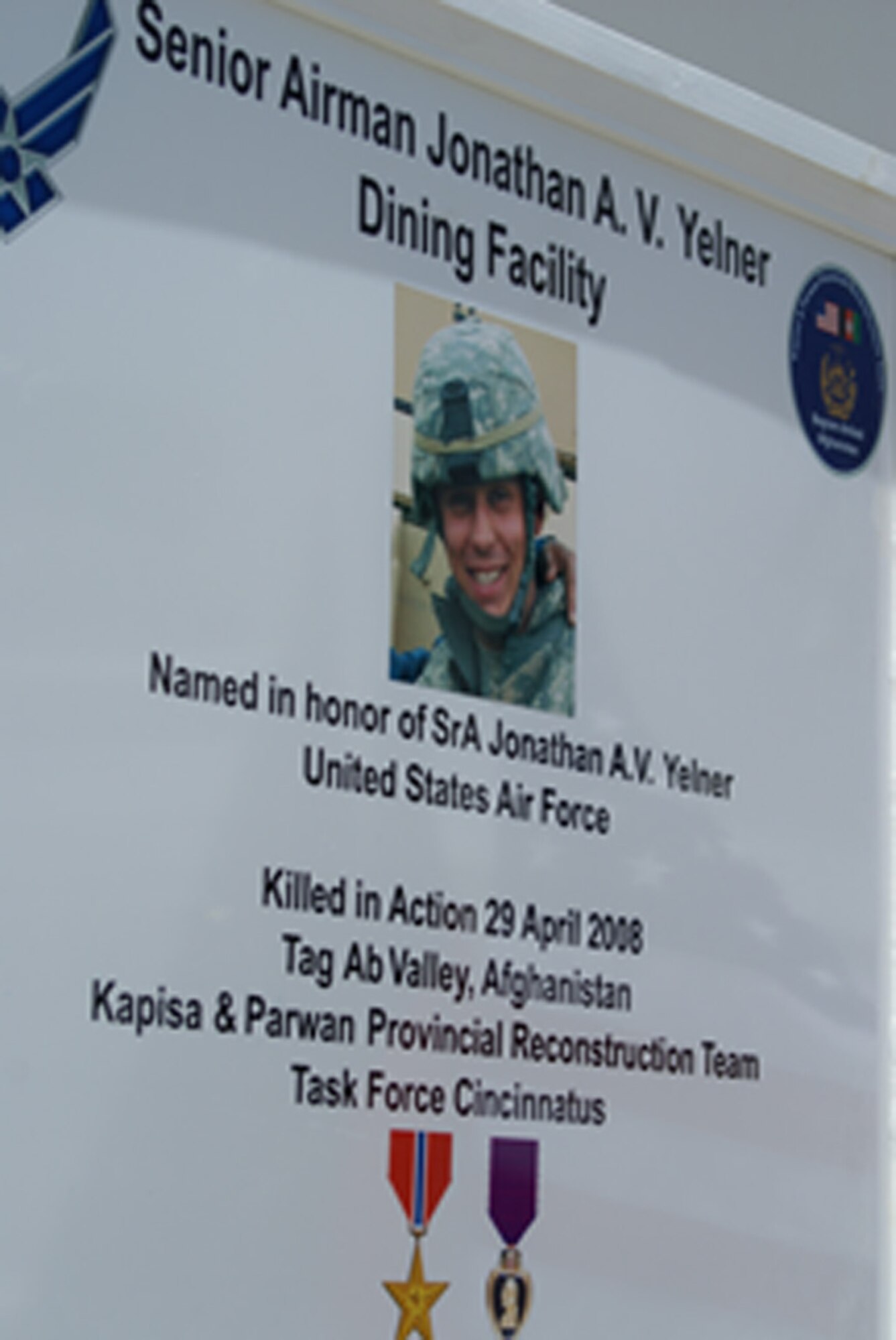 The Senior Airman Jonathan A.V. Yelner Dining Facility was opened July 6 on Bagram Air Field, Afghanistan, amongst a crowd of fellow service members. (U.S. Army photo/Army Capt. Elizabeth Casebeer)