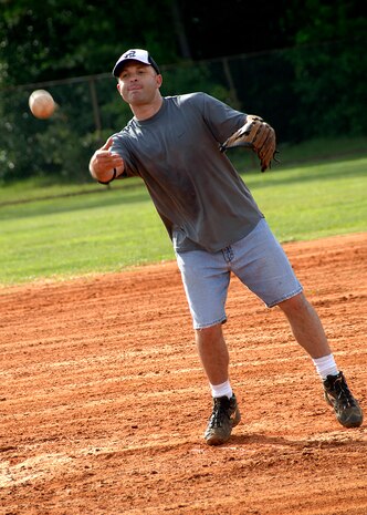 Terry Wright pitches to the Medical Group during a game at the base softball field July 7. The Flyers beat the Medical Group by forfeiture during intramural softball playoffs which began this week. Wright is with the 437th Operations Group and plays for the Flyers. (U.S. Air Force photo/Airman 1st Class Timothy Taylor)