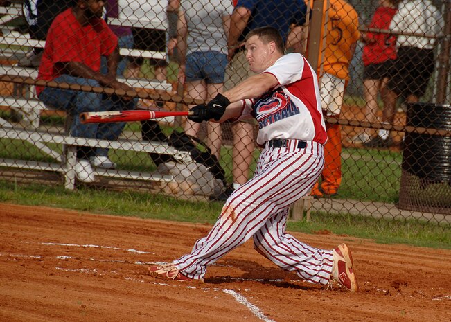 Kelby Hagerla hits a home run for the Flyers during a game at the base softball field July 7. The Flyers beat the Medical Group by forfeiture during intramural softball playoffs which began this week. Hagerla is with the 16th Airlift Squadron. (U.S. Air Force photo/Airman 1st Class Timothy Taylor)