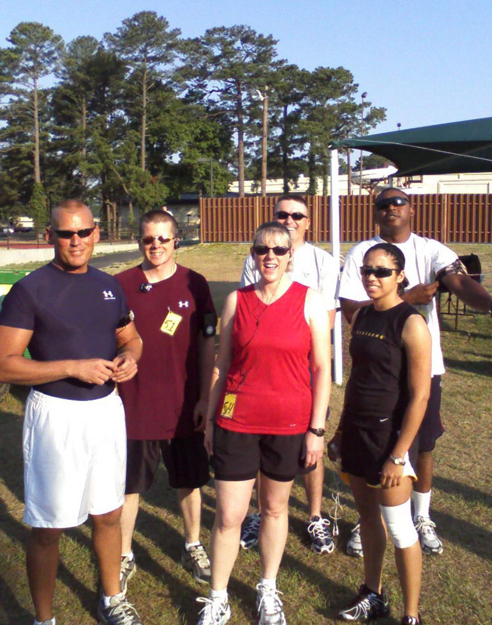 SEYMOUR JOHNSON AIR FORCE BASE, N.C. -- The July 4th holiday began early for a few members of the 916th Logistics Readiness Squadron. Six members ran the Seymour Johnson 10K Freedom Run on July 3. Pictured from left to right are: Master Sgt. Bob Ewest, Staff Sgt. Daniel Batman, Lt. Col. Ann Brown, Staff Sgt. Roy Tart, Senior Airman Ariel Austin and Master Sgt. James Walton.