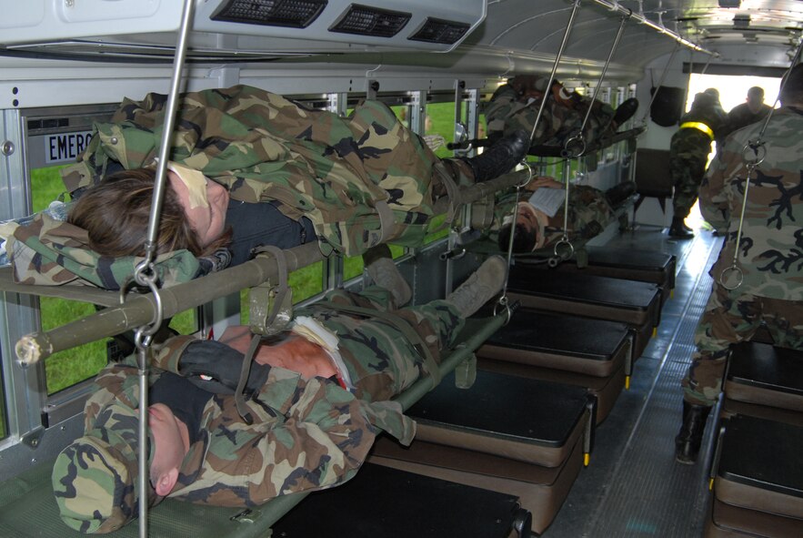 During the four-day unit training assembly event in May, various members from the medical and aeromedical fields of expertise gathered at the wing to practice.  They improved their skills in diagnosing injuries and working the triage process to prioritize the most serious patients and get them to emergency help first.  Patients were taken care of throughout the process and eventually loaded onto a waiting aircraft just as in a war situation.  Photo/Tech. Sgt. Gerald Sonnenberg