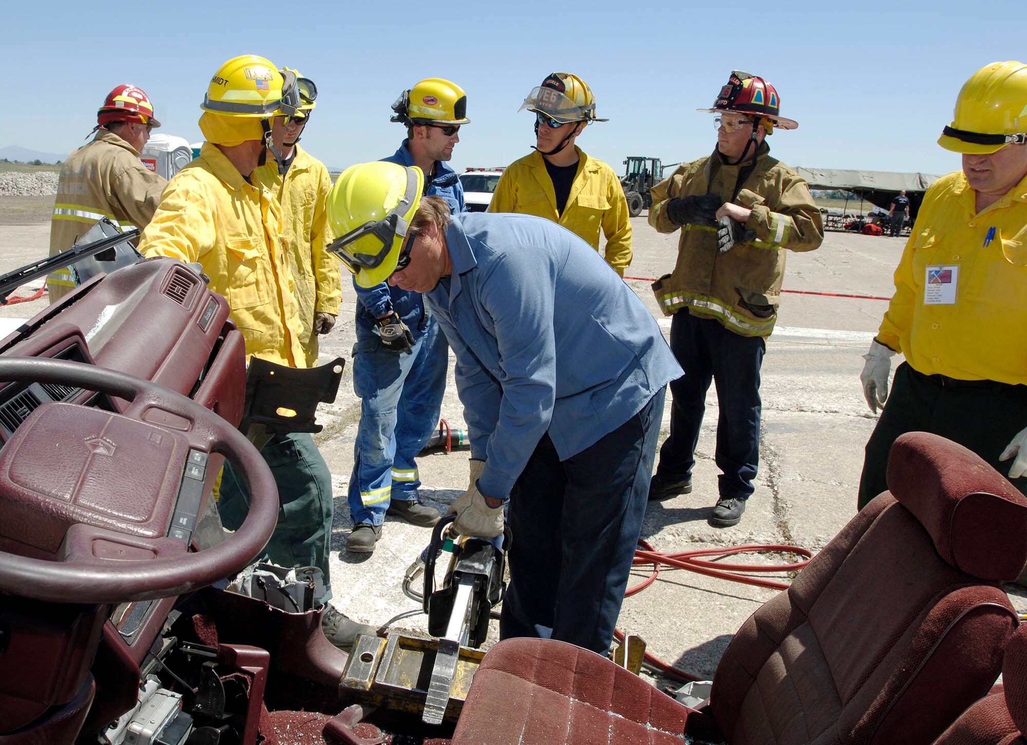 FAIRCHILD AIR FORCE BASE, Wash. – Chris Wetherell, Spokane International Airport firefighter, practices using the Jaws of Life tool at the Extrication Spokane 2008 training. This exercise was held at Fairchild AFB which hosted nine different fire agencies. The integrated teams of various firemen learned advanced auto extrication techniques. The training consisted of two ten-hour days with eight different objectives. (U.S. Air Force photo/Staff Sgt. JT May III)