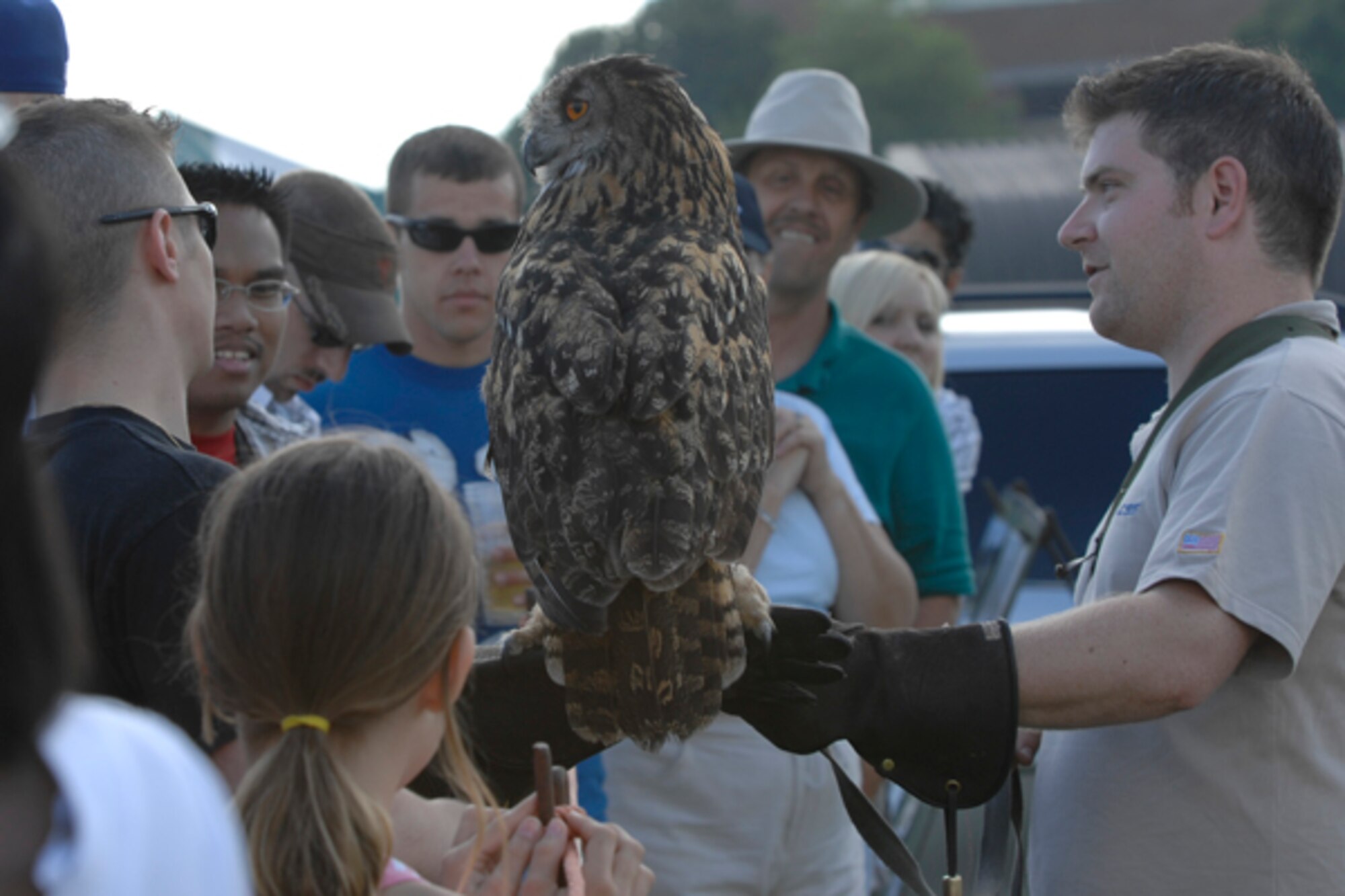 Alan Marenghi, Phoenix Bird Control Services, shows the crowd an owl.  The bird exhibit was just one of the many exhibits, games, rides, and food enjoyed by both American's and British during the Fourth of July festivities at RAF Feltwell. (U.S. Air Force photo by Senior Master Sgt. Thomas Wood)