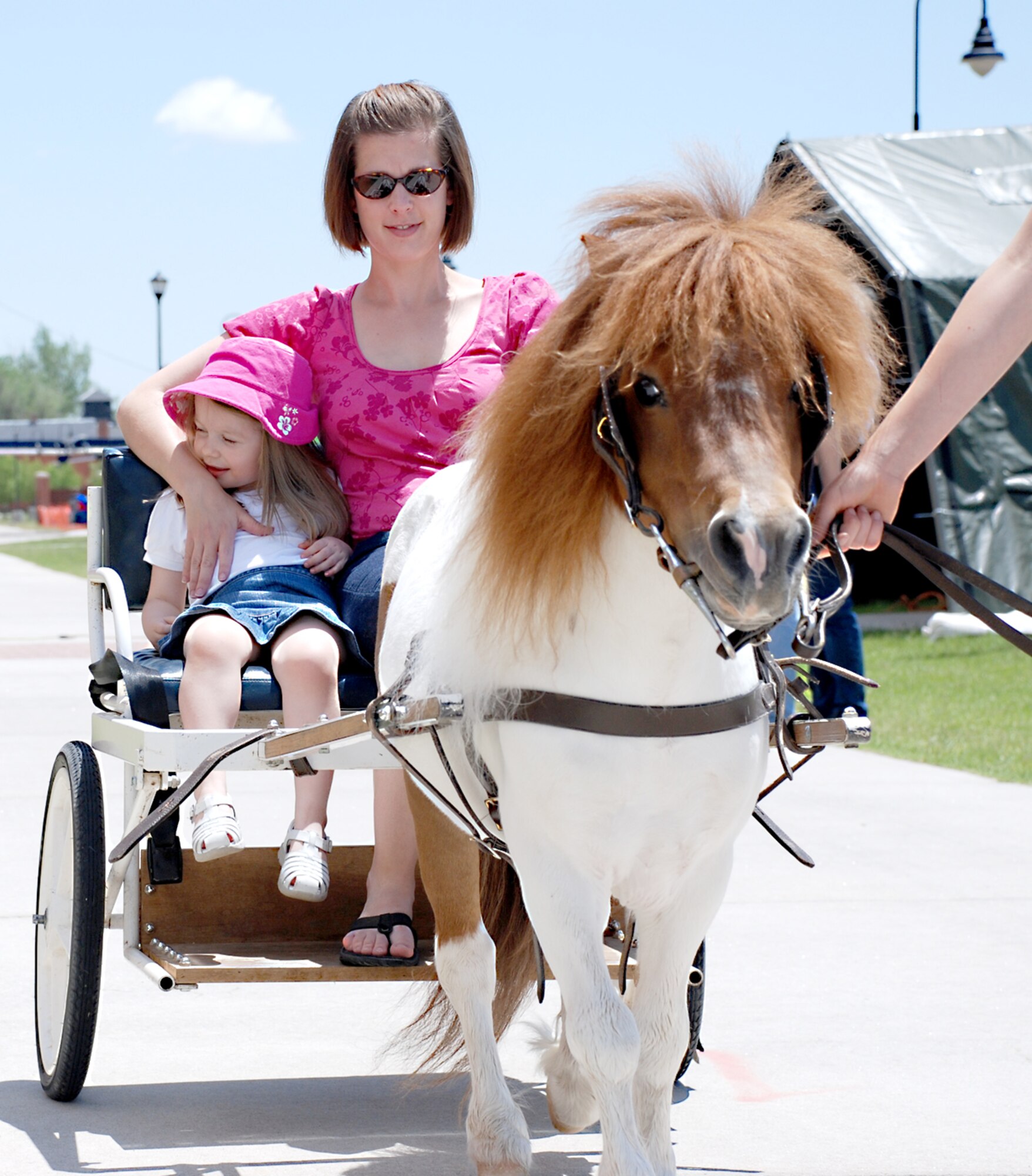 Ruth Ott rides in a carriage pulled by a miniature horse with her daughter Abigail at the Block Party June 20. Little Angels Pony and Pals supplied the petting zoo.