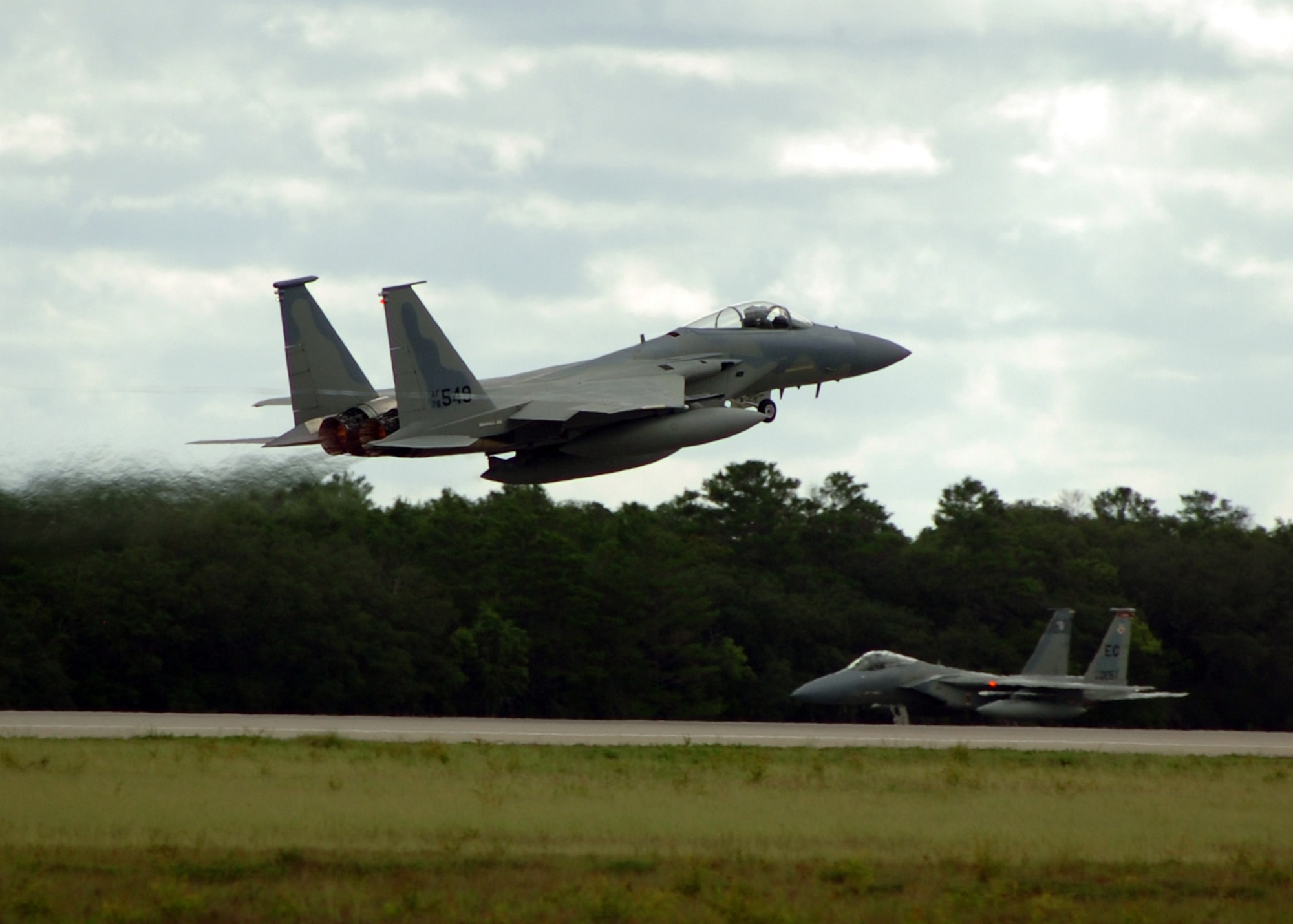 The first F-15C Eagles took off for their new home in New Orleans, Wednesday as the 33d Fighter Wing begins the transition into the international training center for F-35 Lightening II. While the first jets have left, the 33d FW will continue to fly and fix F-15s until the drawdown is complete. (U.S. Air Force photo by Staff Sgt. Bryan Franks)