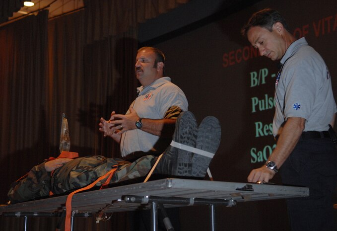 Pat Kelly (left), a presenter of the street smart program and Lieutenant Vince Easevoli, a fire rescue specialist with the Miami Dade, Fla. fire department and executive director for the stay alive from education program, use Airman 1st Class James Cotton, assigned to the 57th Aircraft Maintenance Squadron, to demonstrate a scenario during a briefing with Airmen twenty six years old or younger on the dangers of drinking and driving at Nellis Air Force Base theater, July 1, 2008.
(U.S. Air Force Photo by/Senior Airman Larry E. Reid Jr.)