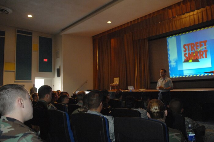 Lieutenant Vince Easevoli, a fire rescue specialist with the Miami Dade, Fla. fire department and executive director for the stay alive from education program, briefs Airmen twenty six years old or younger on the dangers of drinking and driving at Nellis Air Force Base theater, July 1, 2008.
(U.S. Air Force Photo by/Senior Airman Larry E. Reid Jr.)