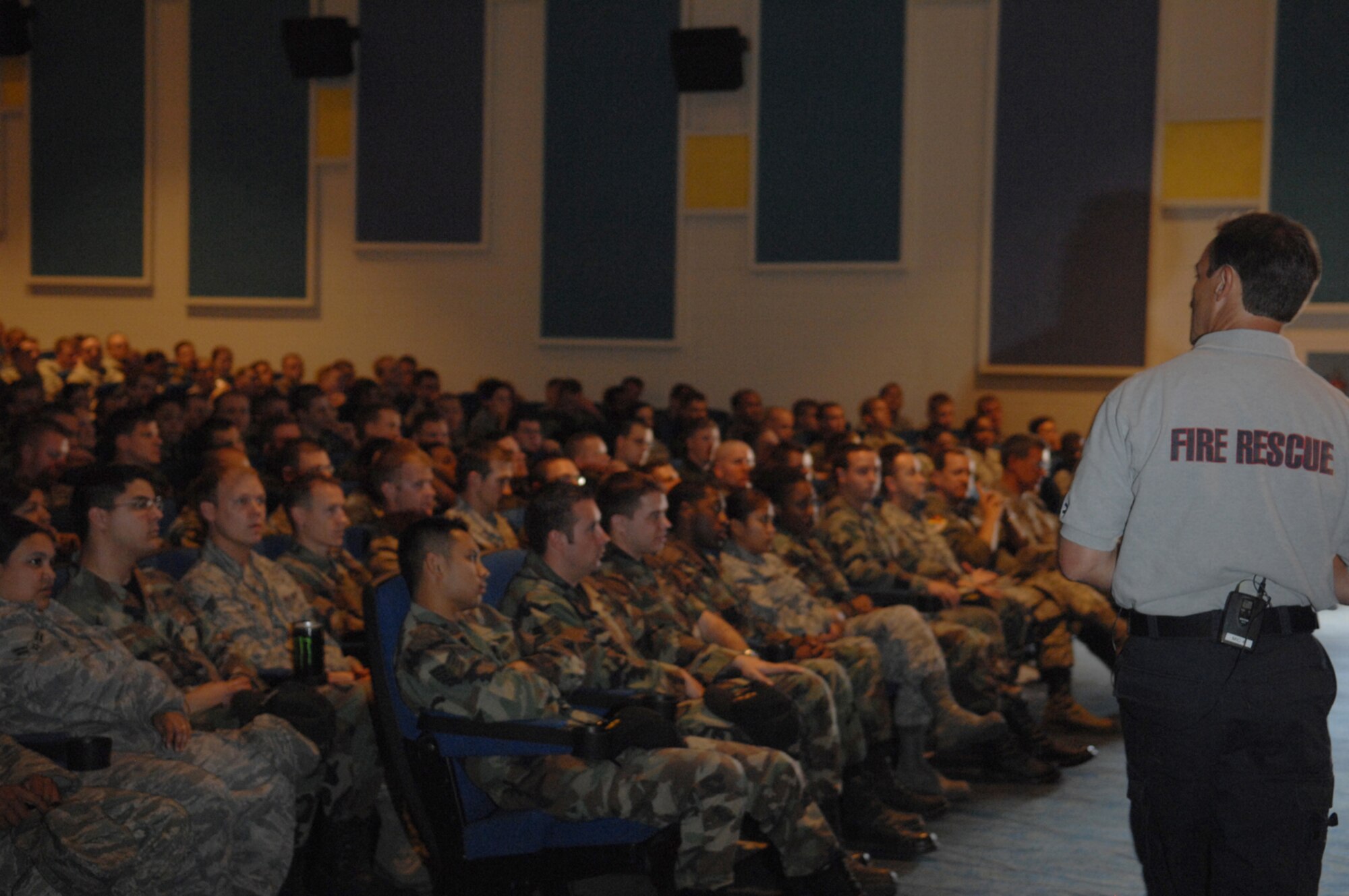 Lieutenant Vince Easevoli, a fire rescue specialist with the Miami Dade, Fla. fire department and executive director for the stay alive from education program, briefs Airmen twenty six years old or younger on the dangers of drinking and driving at Nellis Air Force Base theater, July 1, 2008.
(U.S. Air Force Photo by/Senior Airman Larry E. Reid Jr.)