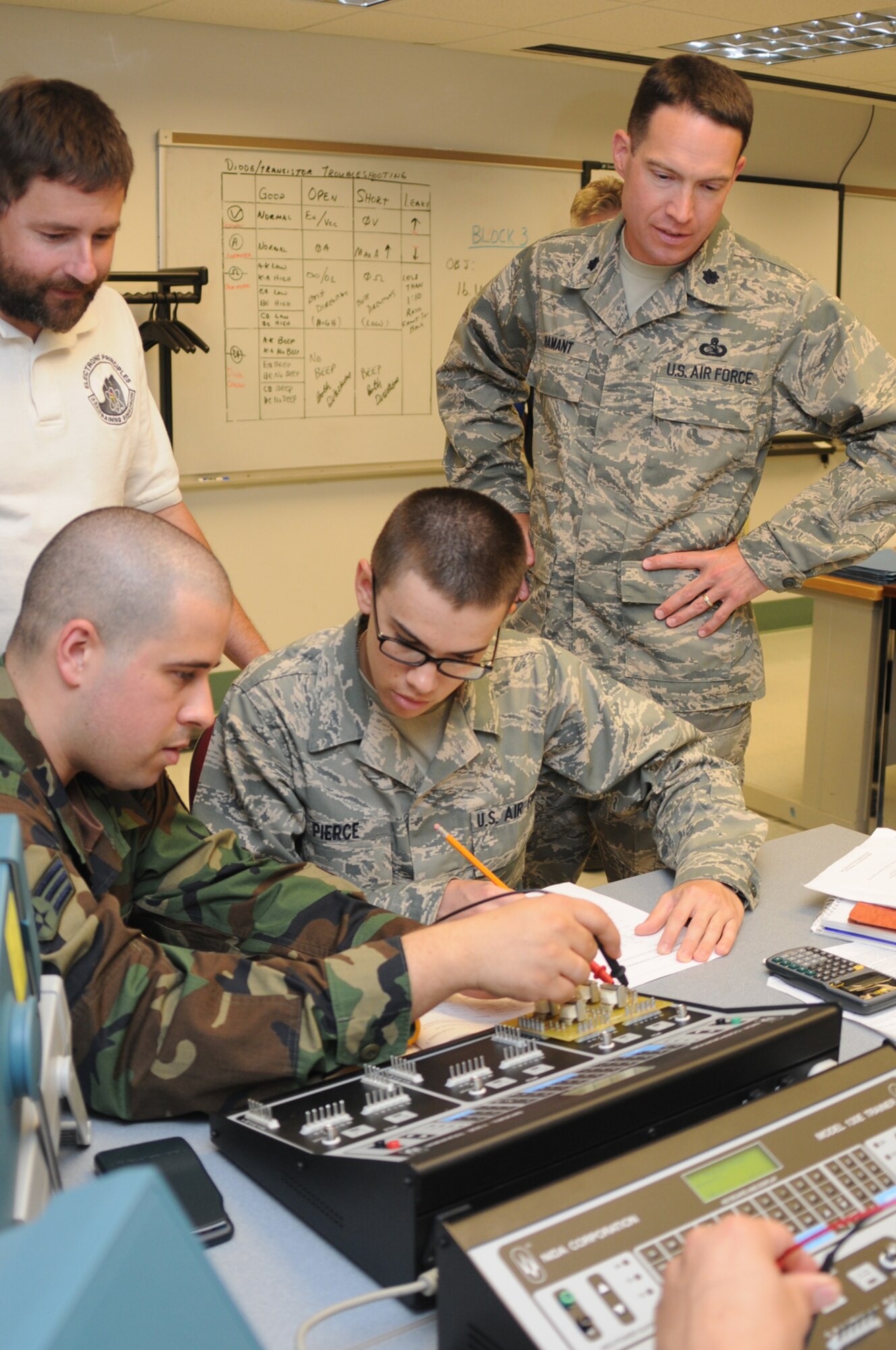Instructor Curt Miner, top left, and Lt. Col. William Hamant, new commander of the 332nd Training Squadron, observe Senior Airman Shawn Hopper, left, and Airman Basic Cameron Pierce, students in the basic electronic principles course.  (U.S. Air Force photo by Kemberly Groue)