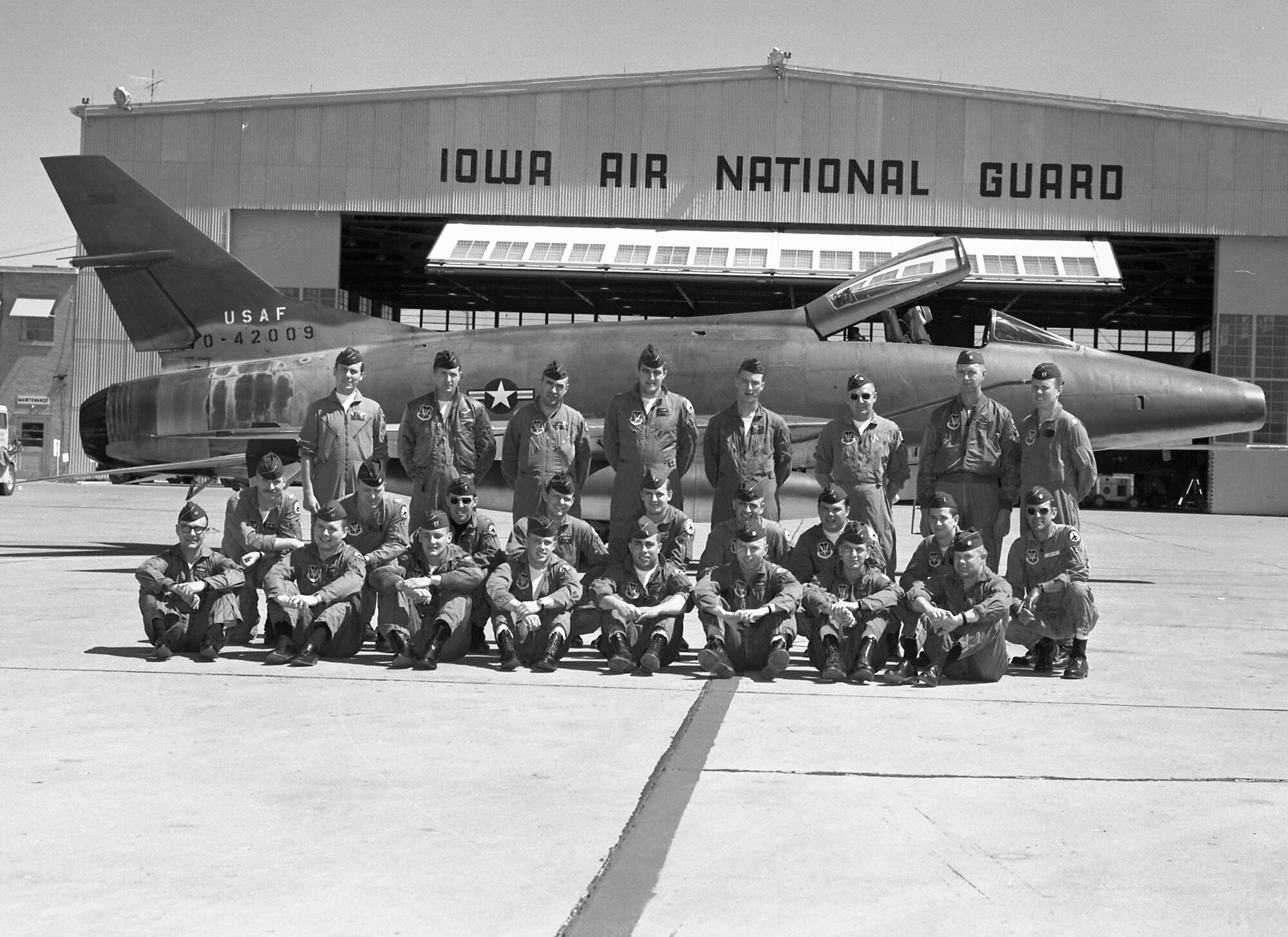 April 29, 1968 Sioux City, Iowa LT Warren Brown, front row 2nd from the right.
On 14 July 1968, 1st Lt Warren K. Brown was on an air strike mission in the AShau Valley. (Vietnam) As he made his pass over the target area, his aircraft was hit by ground fire. He headed in an easterly direction and bailed out shortly afterwards as his aircraft was on fire. During the ejection, there was a chute entanglement and the pilot was found deceased in his chute harness by a helicopter crew.

The above paragraph is how the death of Sioux City native Lieutenant Warren Brown is recorded in the history books. Brown became the only pilot of the Sioux City based 185th Air National Guard to be killed in Vietnam. (The 185th Tactical Fighter Group was mobilized on January 26, 1968 and returned to Sioux City on the 14th of May 1969.)
