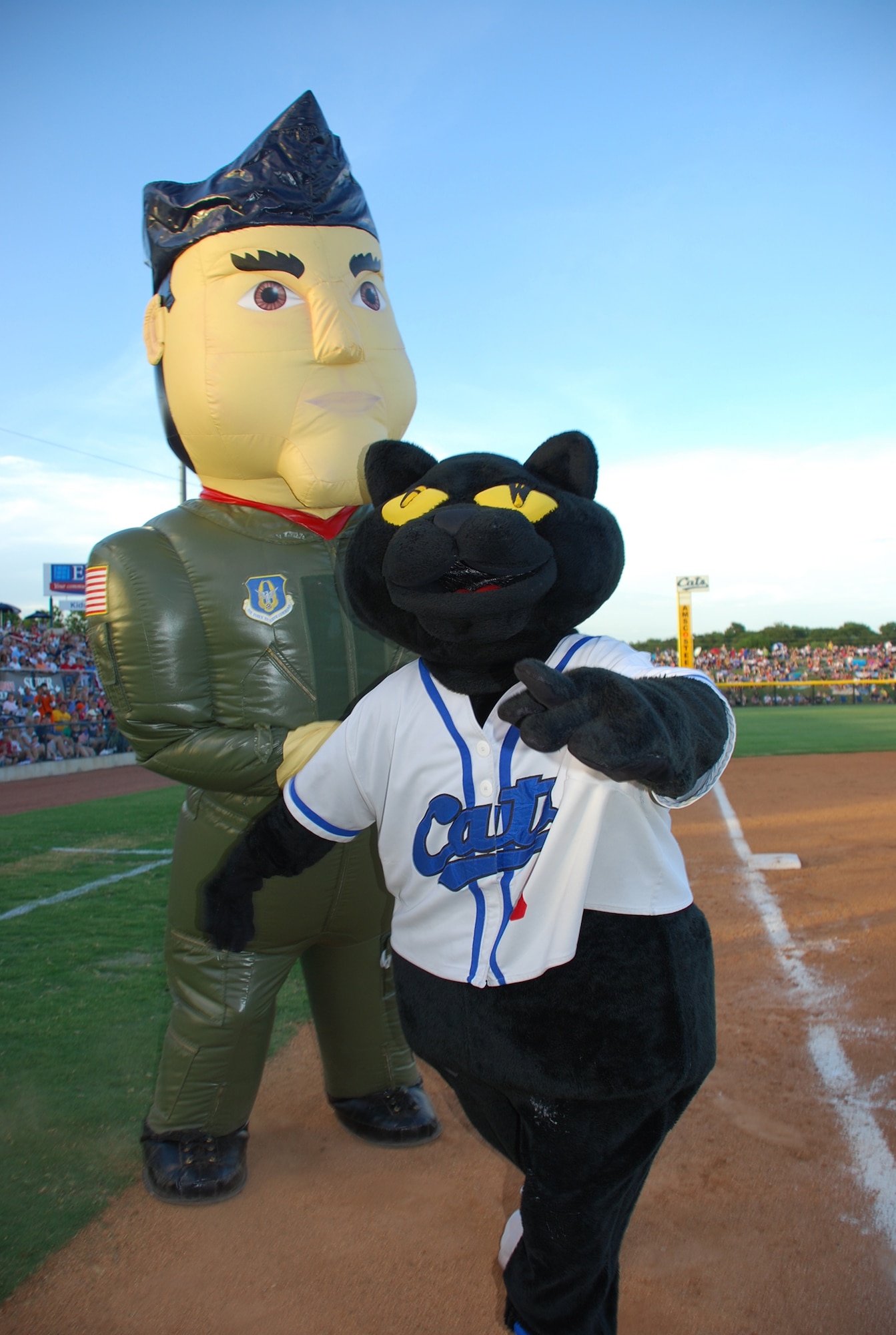 Airman Andy, the Air Force Reserve Command's recruiting icon, distracts the Fort Worth Cats' mascot, Dodger, while a small boy raced the cat around the bases. With the help of the Reserve mascot, the boy won in front of a July 4 record breaking crowd of 12,457 at LaGrave Field, Fort Worth, Texas. The 301st Fighter Wing participated in numerous events throughout the game and were entertained with one of the most spectacular fireworks displays in Texas. (U.S. Air Force Photo/Tech. Sgt. Julie Briden-Garcia)
