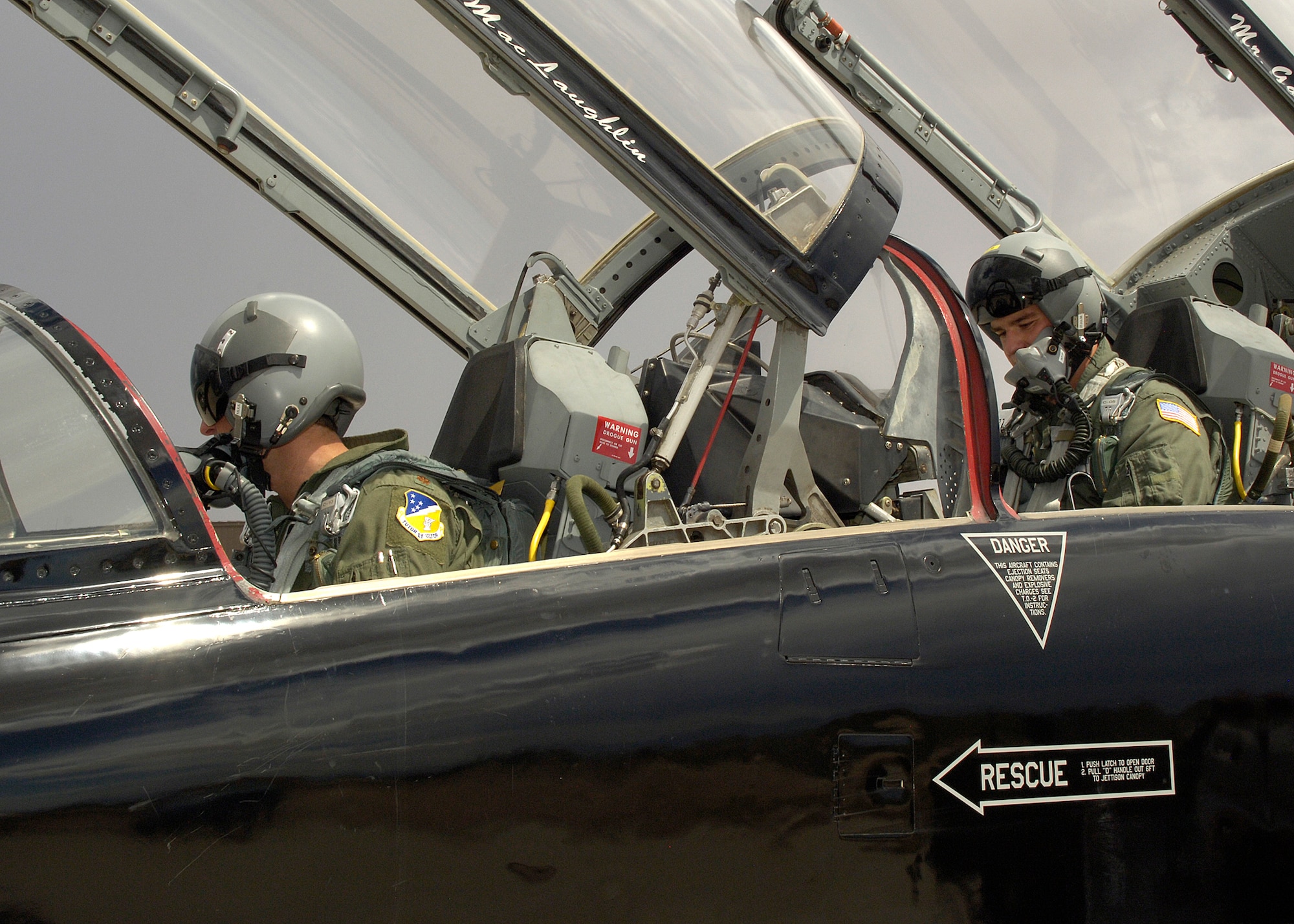 U.S. Air Force Academy Cadet Zach Mattee and Maj. Bret Carter, 49th Fighter Wing Chief of F-22 Advanced Programs office, prepare to taxi before an incentive flight at Holloman Air Force Base, N.M., June 25. Cadets visit Holloman as part of the Operations Air Force program to shadow officers and enlisted members. (U.S. Air Force photo/Airman 1st Class Michael Means)